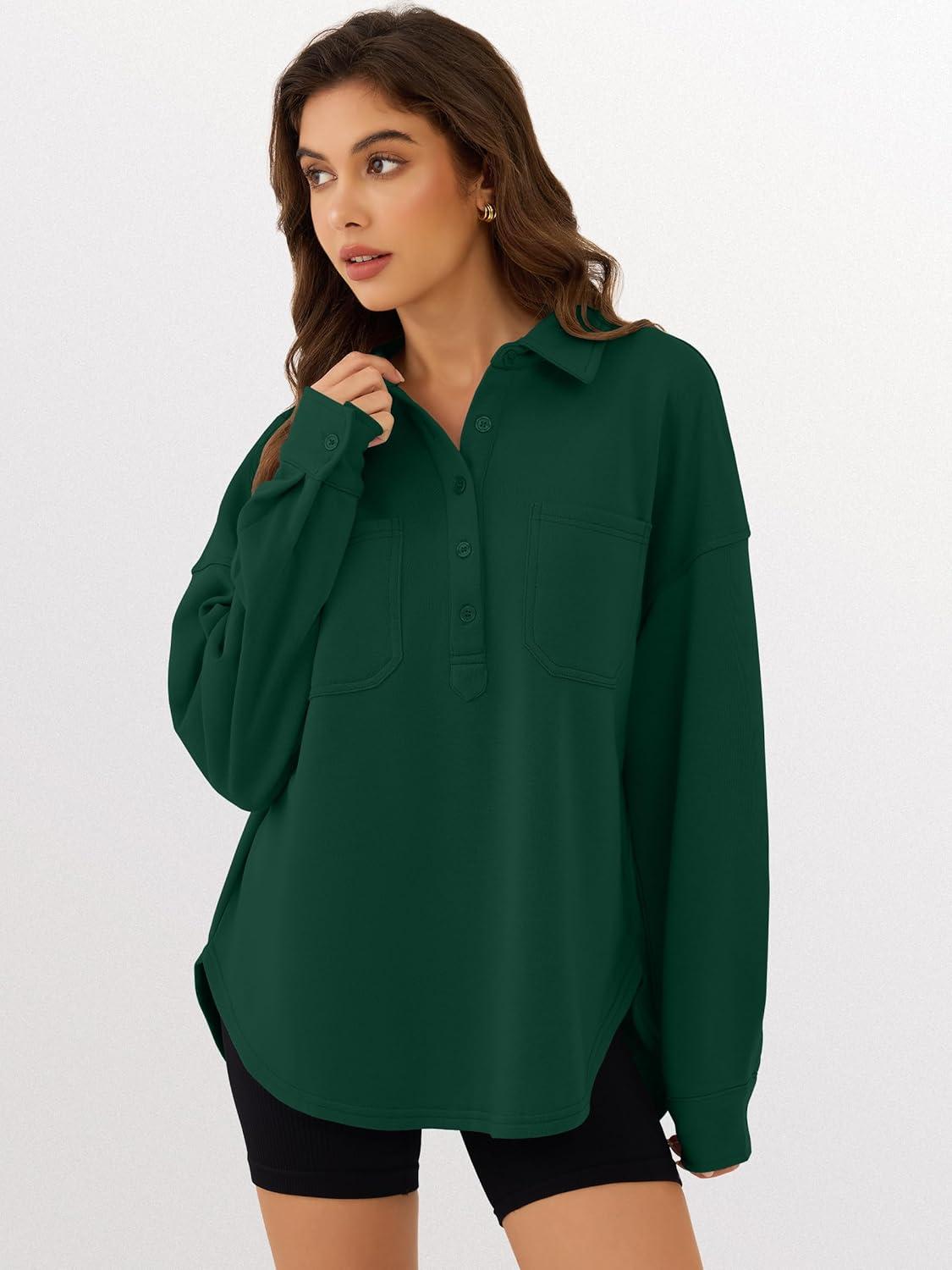imageANRABESS Sweatshirt for Women Oversized Casual Long Sleeve Side Slit Button Lapel Polo Pullover Tunic Tops 2025 Fall OutfitsForest Green