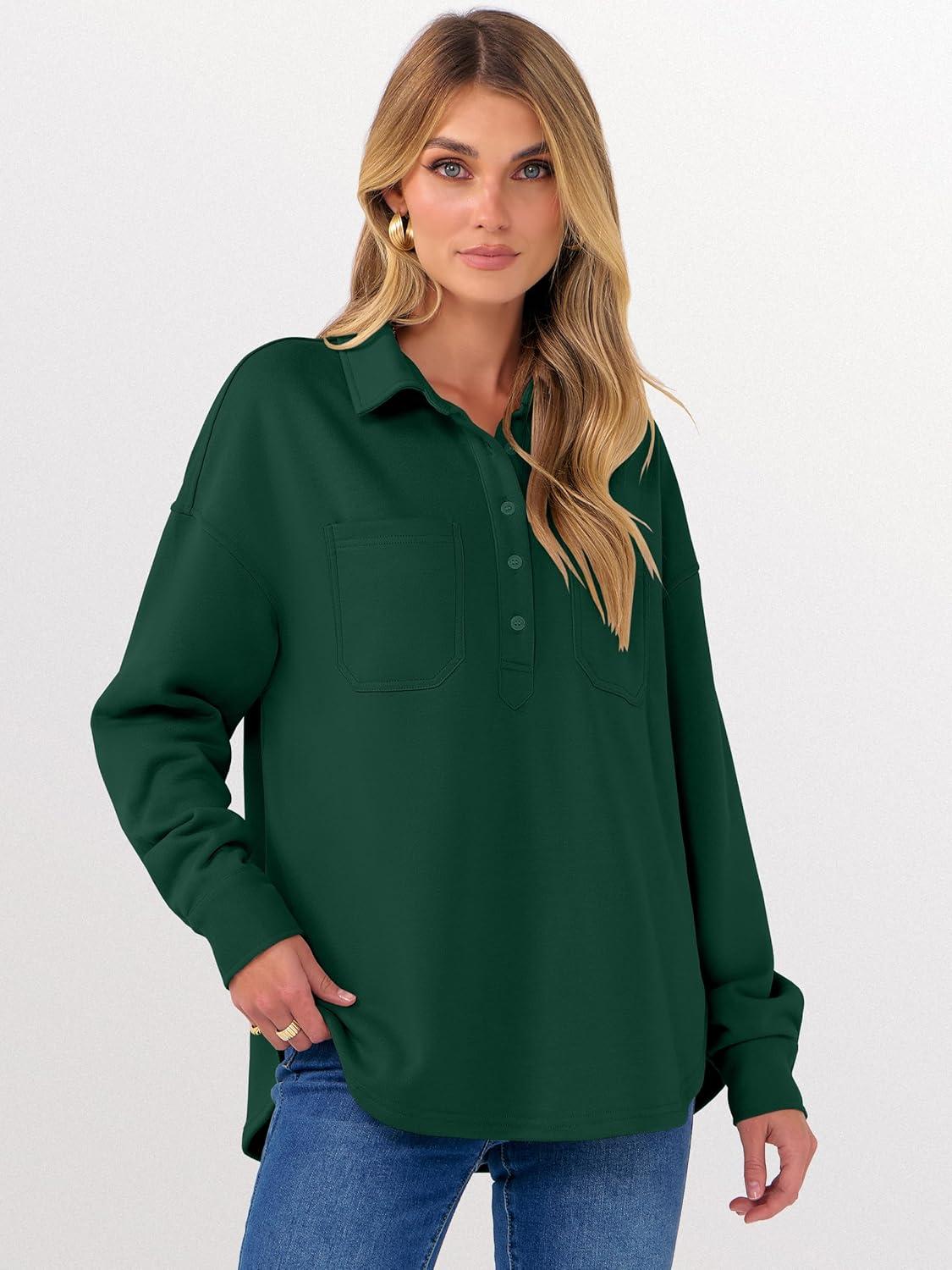 imageANRABESS Sweatshirt for Women Oversized Casual Long Sleeve Side Slit Button Lapel Polo Pullover Tunic Tops 2025 Fall OutfitsForest Green