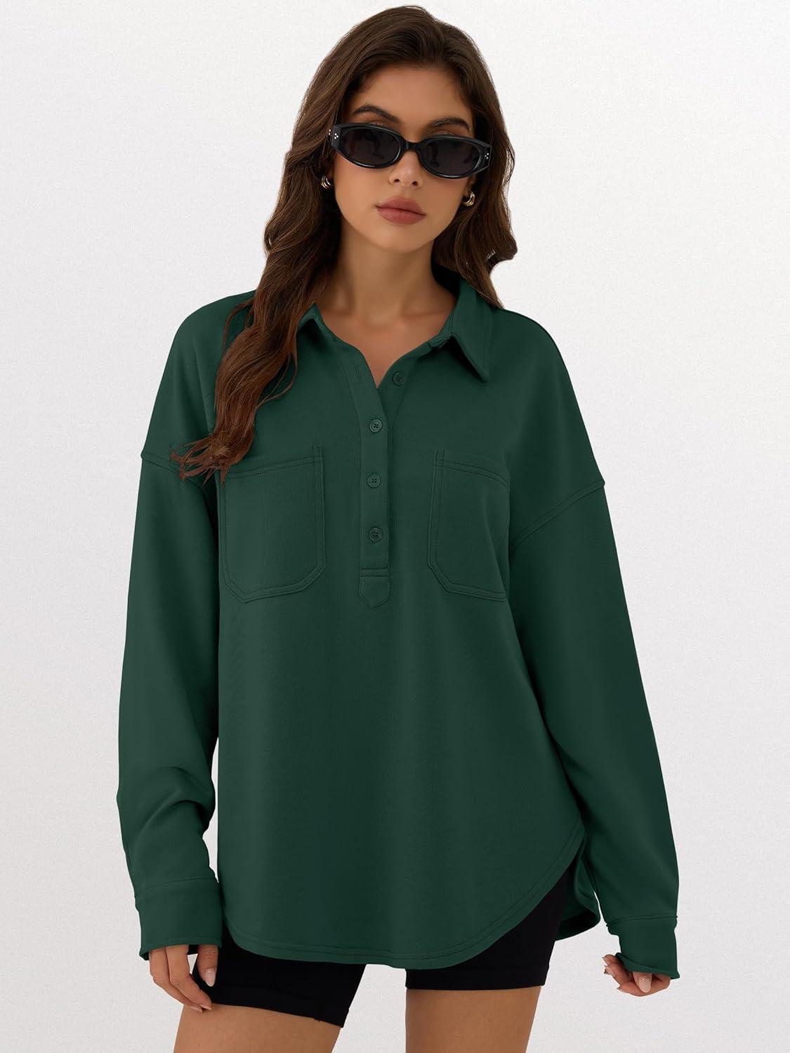 imageANRABESS Sweatshirt for Women Oversized Casual Long Sleeve Side Slit Button Lapel Polo Pullover Tunic Tops 2025 Fall OutfitsForest Green