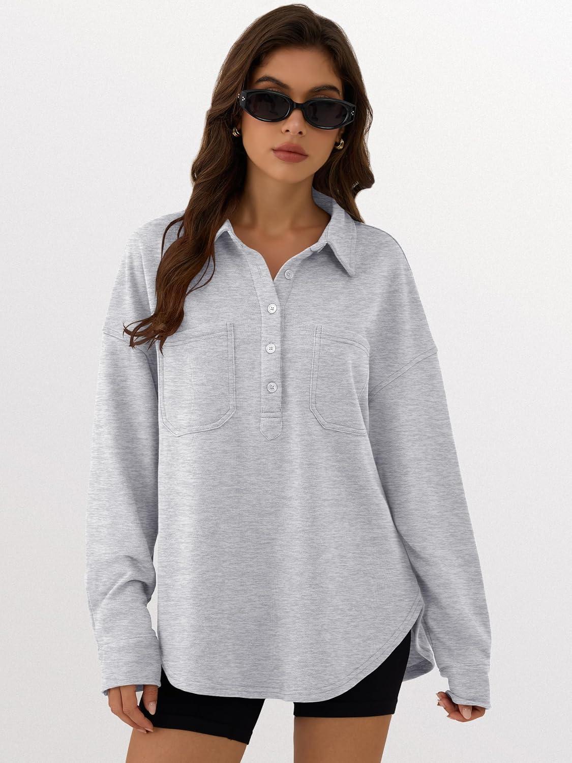 imageANRABESS Sweatshirt for Women Oversized Casual Long Sleeve Side Slit Button Lapel Polo Pullover Tunic Tops 2025 Fall OutfitsGrey