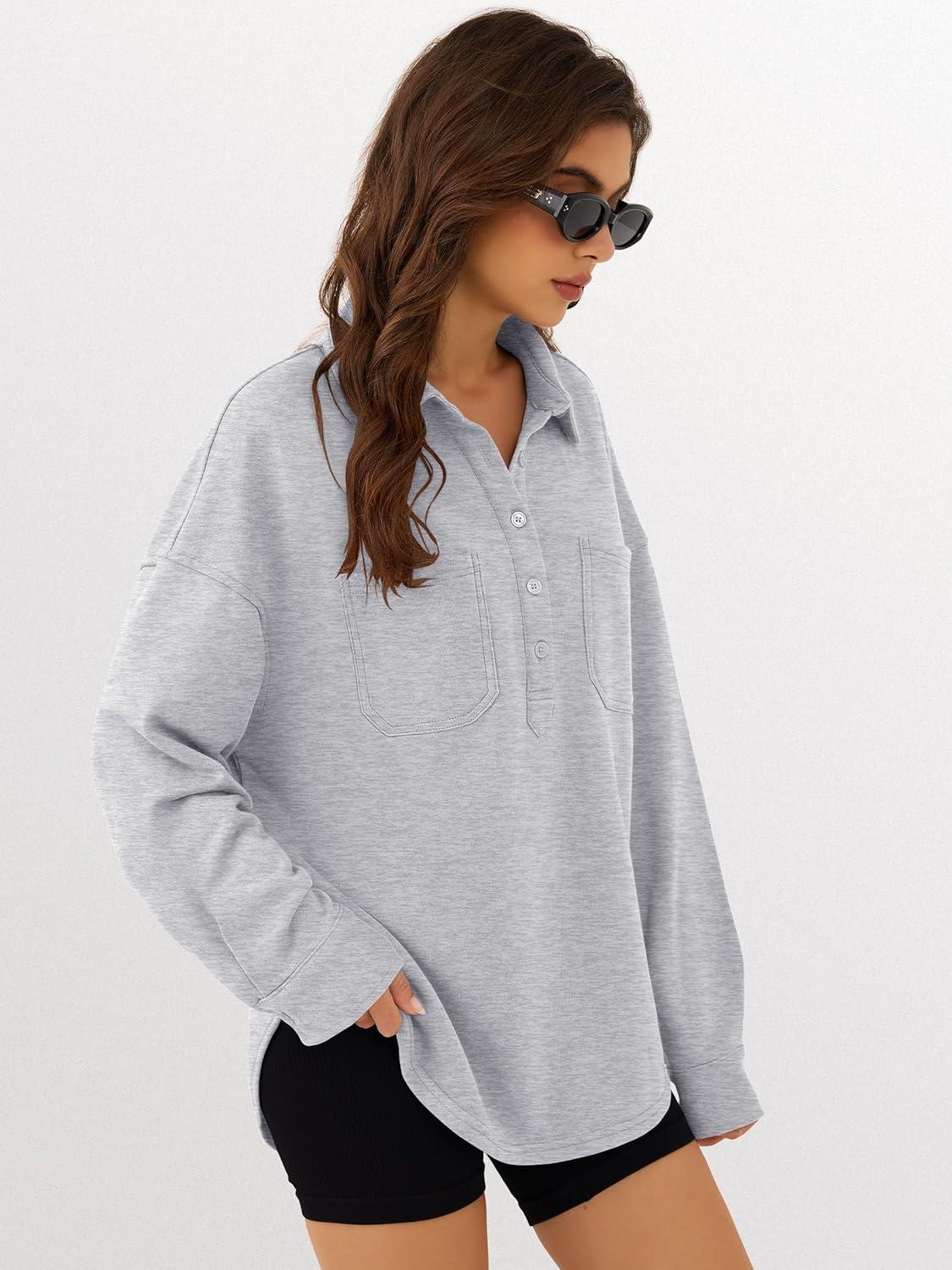 imageANRABESS Sweatshirt for Women Oversized Casual Long Sleeve Side Slit Button Lapel Polo Pullover Tunic Tops 2025 Fall OutfitsGrey