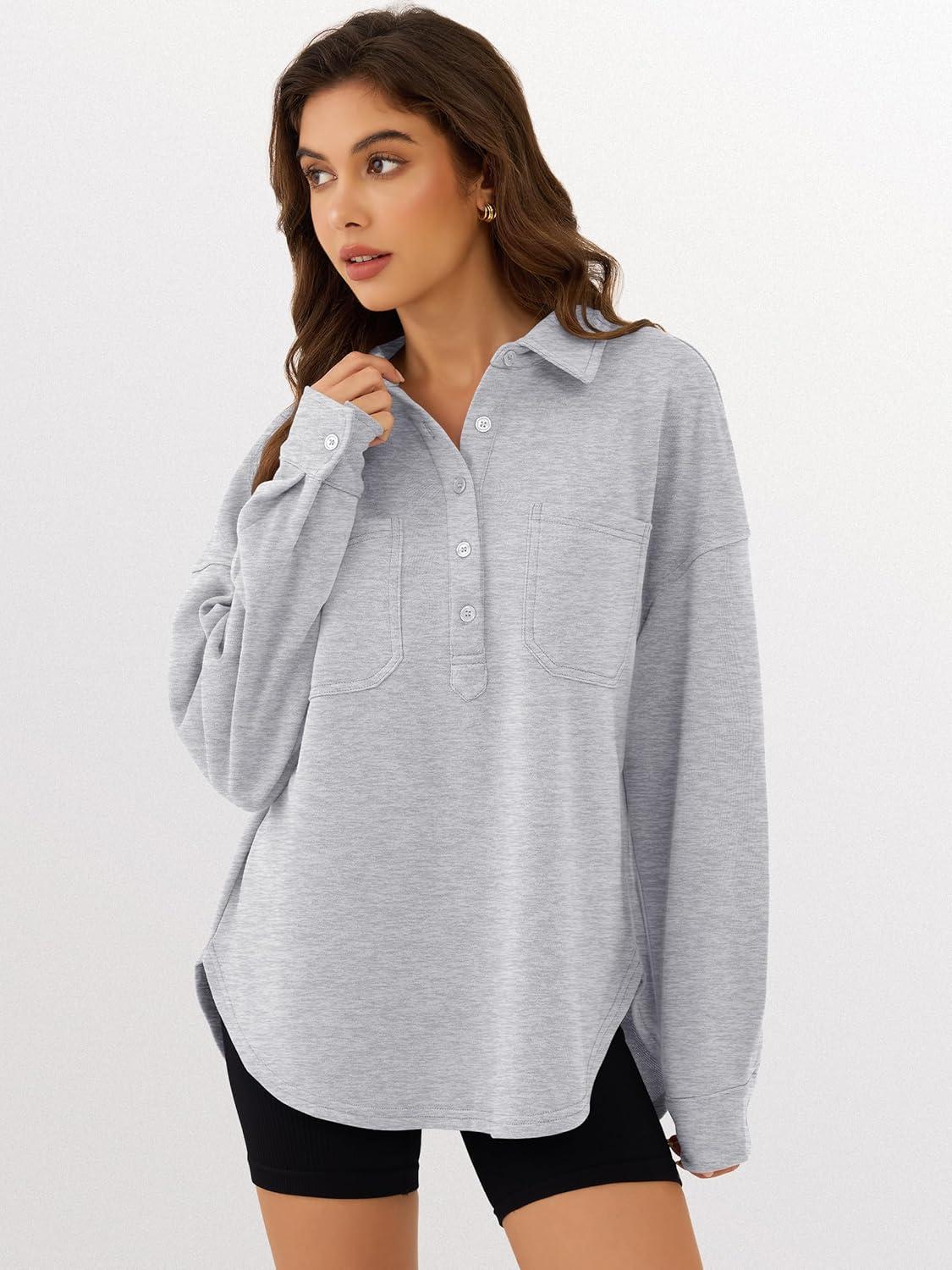 imageANRABESS Sweatshirt for Women Oversized Casual Long Sleeve Side Slit Button Lapel Polo Pullover Tunic Tops 2025 Fall OutfitsGrey