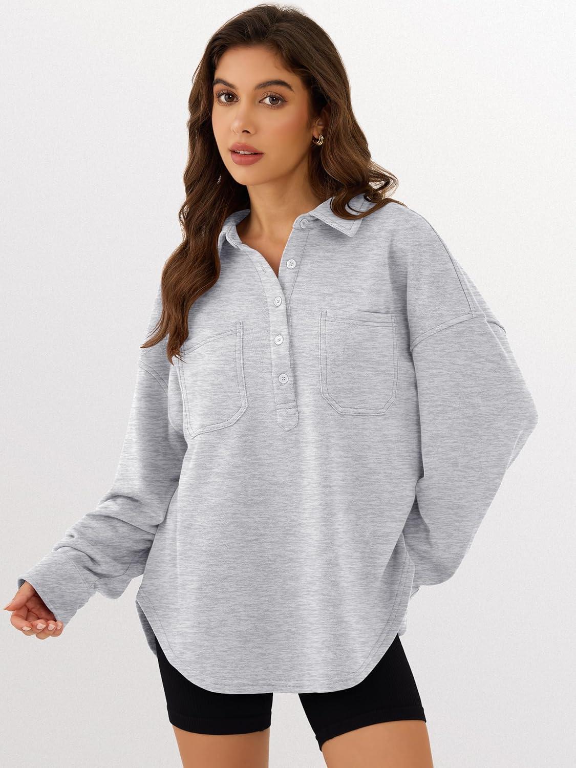 imageANRABESS Sweatshirt for Women Oversized Casual Long Sleeve Side Slit Button Lapel Polo Pullover Tunic Tops 2025 Fall OutfitsGrey