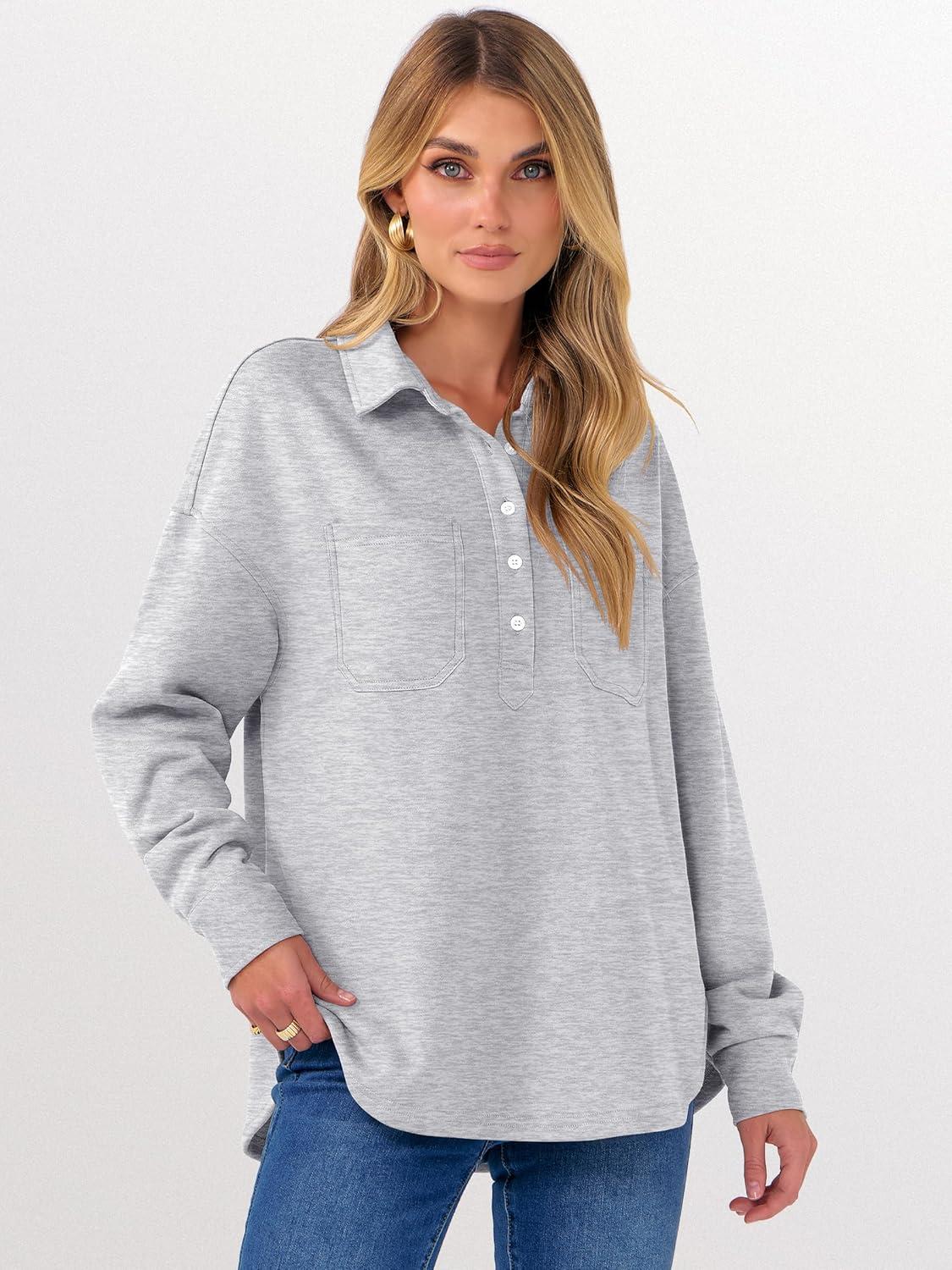 imageANRABESS Sweatshirt for Women Oversized Casual Long Sleeve Side Slit Button Lapel Polo Pullover Tunic Tops 2025 Fall OutfitsGrey