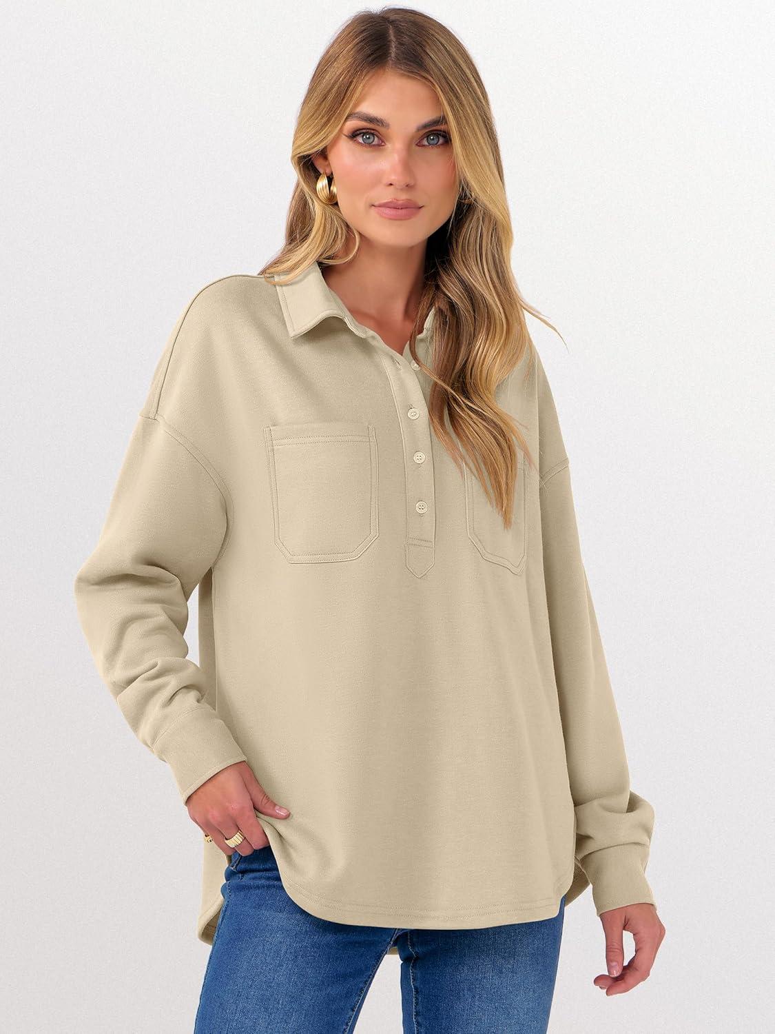 imageANRABESS Sweatshirt for Women Oversized Casual Long Sleeve Side Slit Button Lapel Polo Pullover Tunic Tops 2025 Fall OutfitsKhaki
