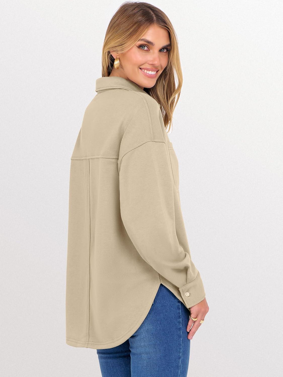 imageANRABESS Sweatshirt for Women Oversized Casual Long Sleeve Side Slit Button Lapel Polo Pullover Tunic Tops 2025 Fall OutfitsKhaki