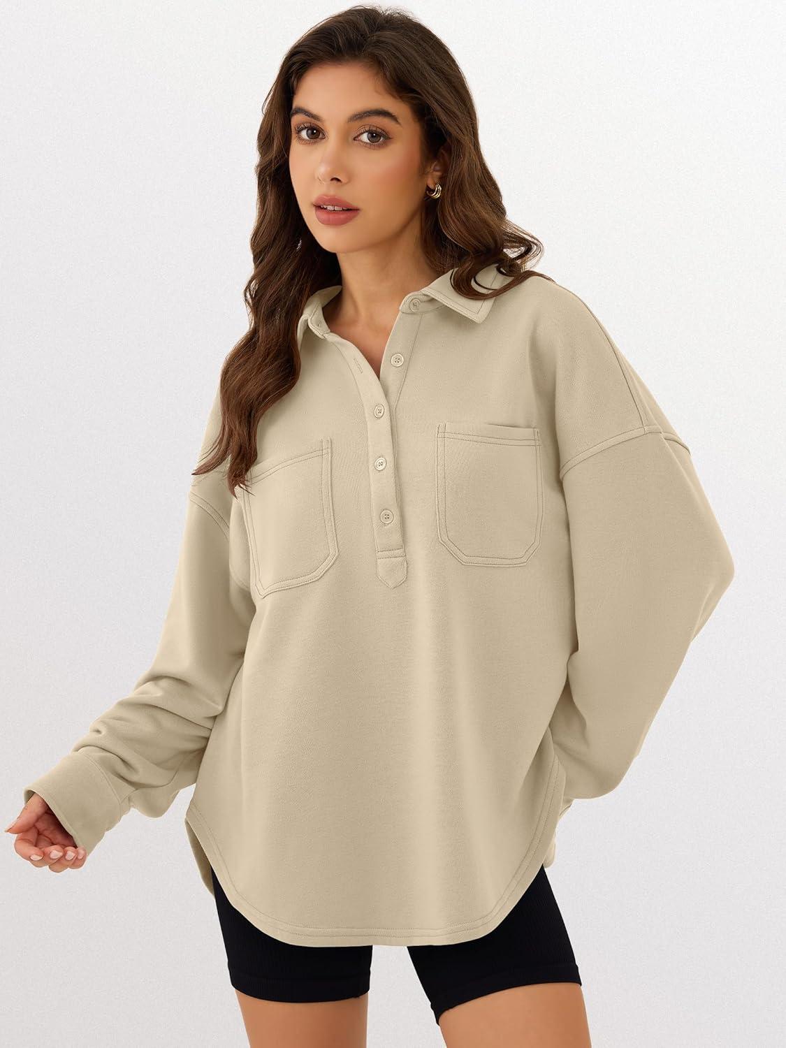 imageANRABESS Sweatshirt for Women Oversized Casual Long Sleeve Side Slit Button Lapel Polo Pullover Tunic Tops 2025 Fall OutfitsKhaki