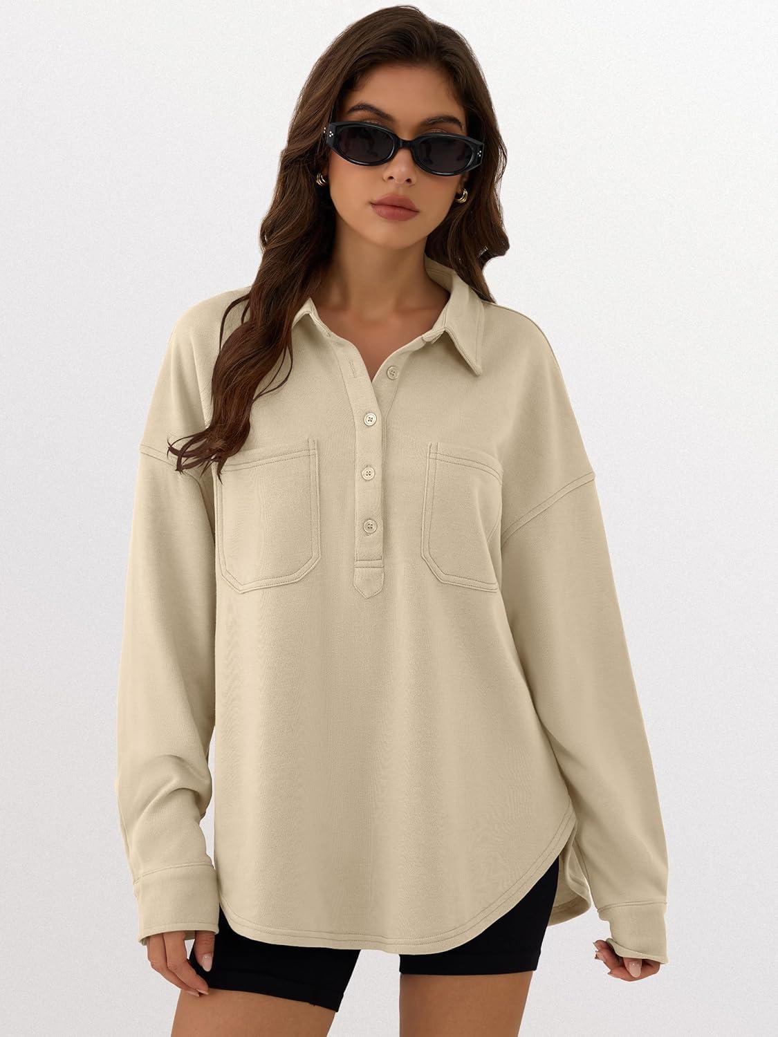 imageANRABESS Sweatshirt for Women Oversized Casual Long Sleeve Side Slit Button Lapel Polo Pullover Tunic Tops 2025 Fall OutfitsKhaki