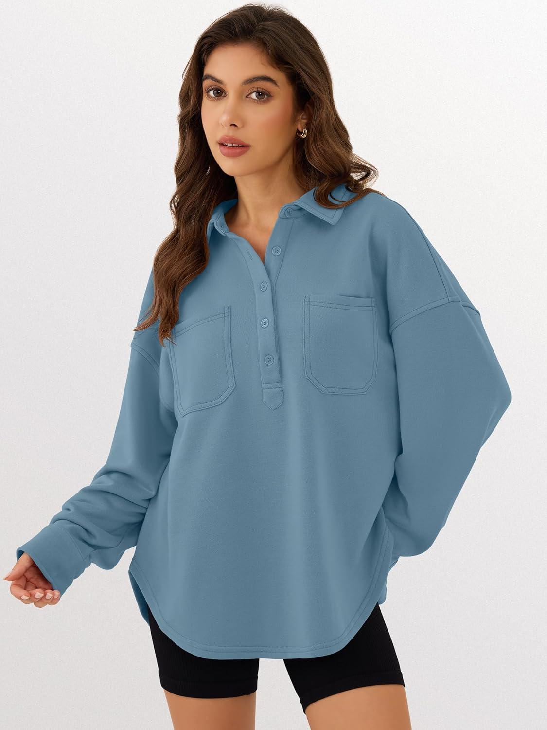 imageANRABESS Sweatshirt for Women Oversized Casual Long Sleeve Side Slit Button Lapel Polo Pullover Tunic Tops 2025 Fall OutfitsLight Blue