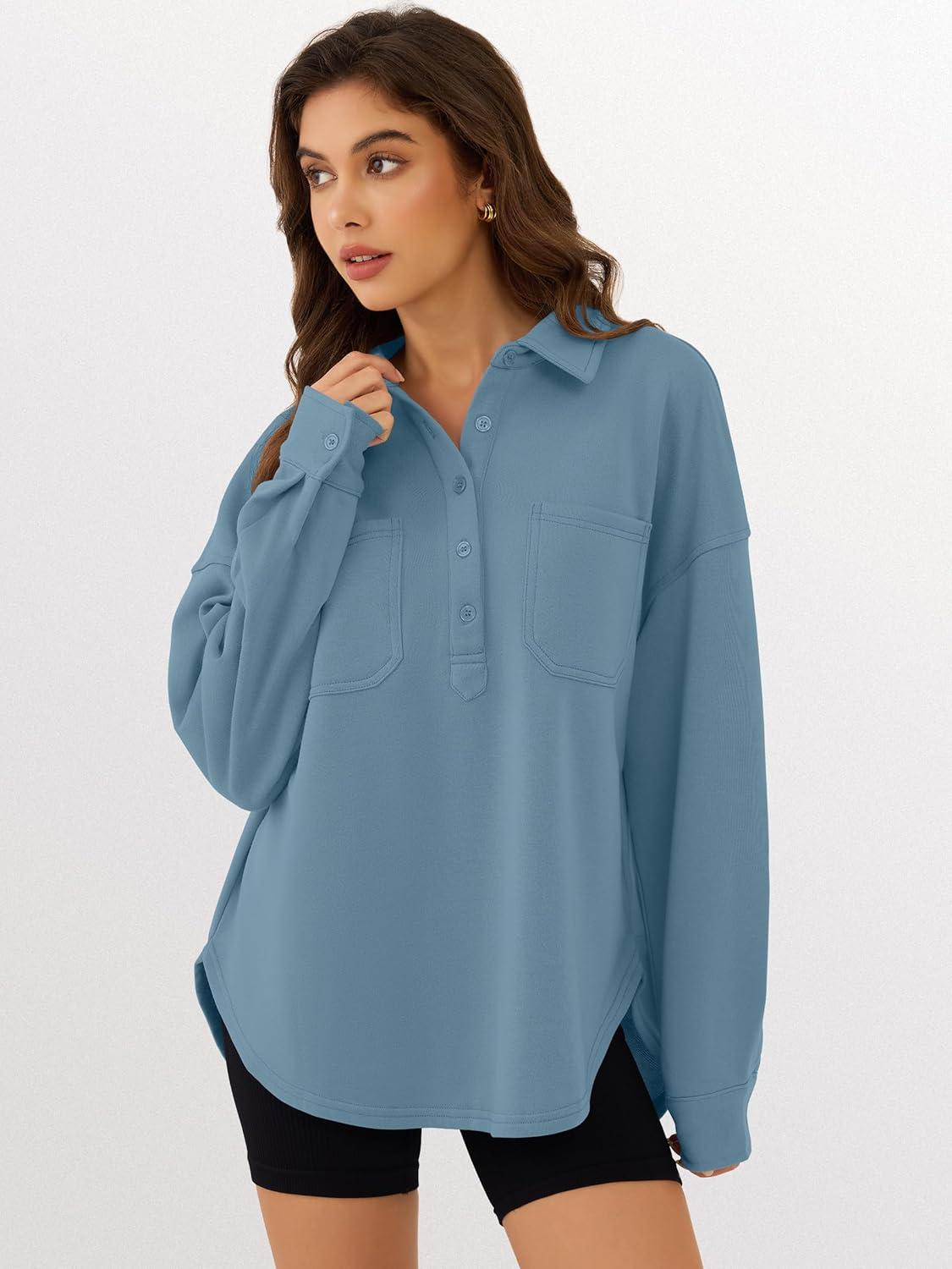 imageANRABESS Sweatshirt for Women Oversized Casual Long Sleeve Side Slit Button Lapel Polo Pullover Tunic Tops 2025 Fall OutfitsLight Blue