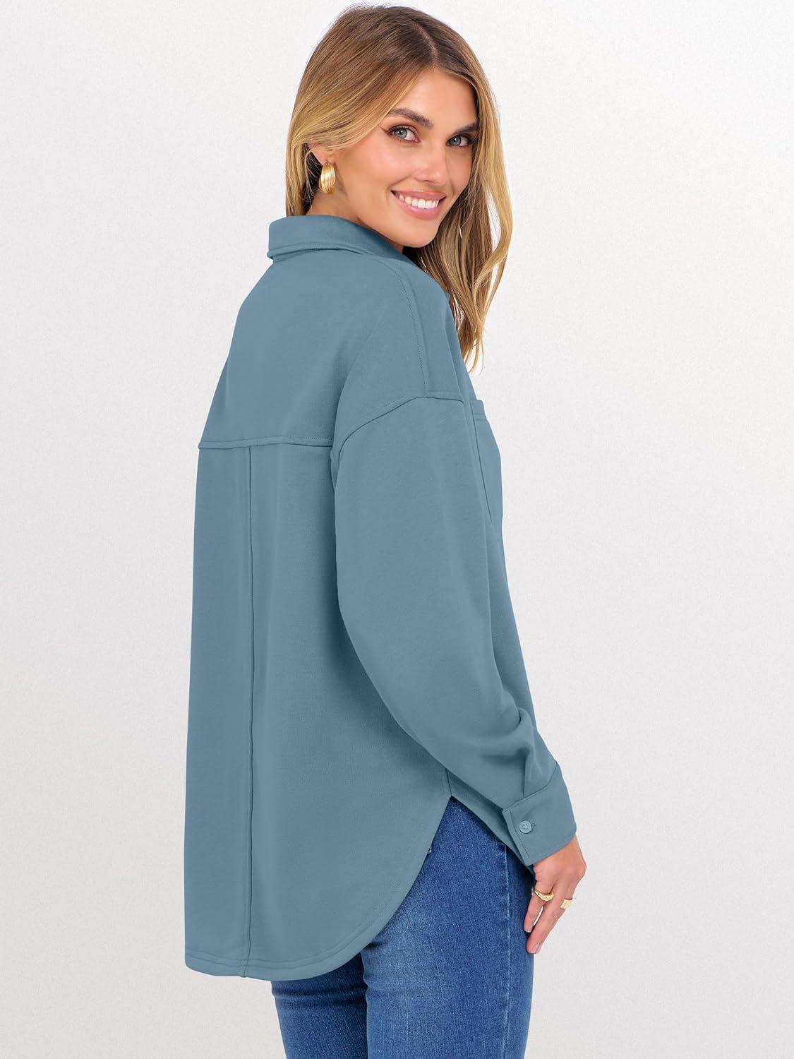 imageANRABESS Sweatshirt for Women Oversized Casual Long Sleeve Side Slit Button Lapel Polo Pullover Tunic Tops 2025 Fall OutfitsLight Blue