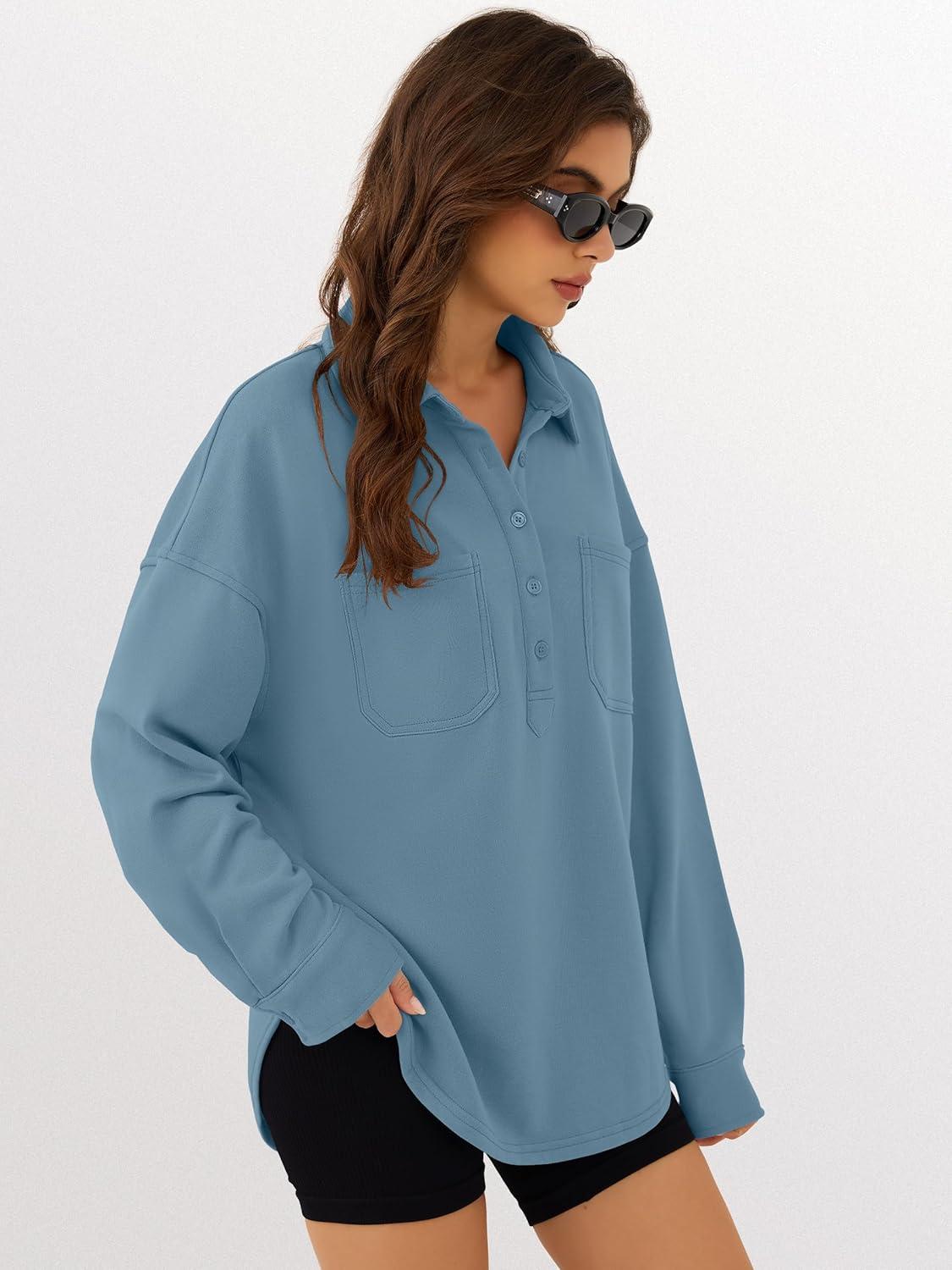 imageANRABESS Sweatshirt for Women Oversized Casual Long Sleeve Side Slit Button Lapel Polo Pullover Tunic Tops 2025 Fall OutfitsLight Blue