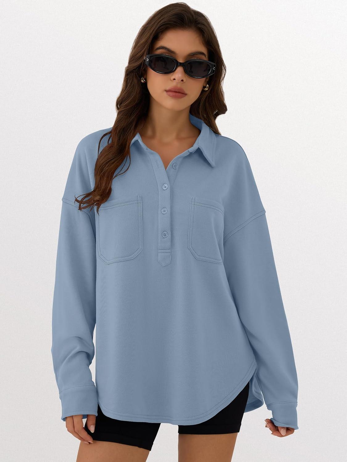 imageANRABESS Sweatshirt for Women Oversized Casual Long Sleeve Side Slit Button Lapel Polo Pullover Tunic Tops 2025 Fall OutfitsLight Blue