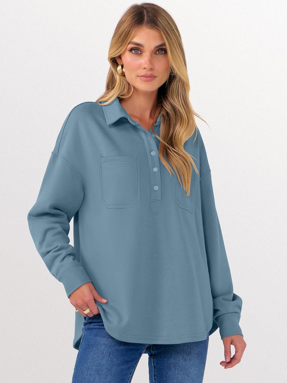 imageANRABESS Sweatshirt for Women Oversized Casual Long Sleeve Side Slit Button Lapel Polo Pullover Tunic Tops 2025 Fall OutfitsLight Blue