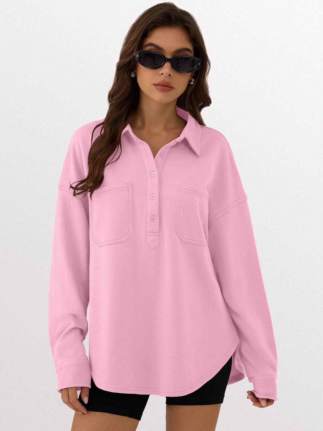 imageANRABESS Sweatshirt for Women Oversized Casual Long Sleeve Side Slit Button Lapel Polo Pullover Tunic Tops 2025 Fall OutfitsPink