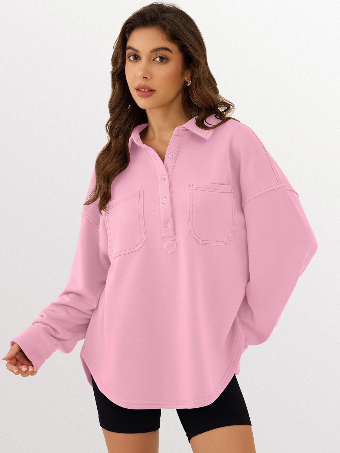 imageANRABESS Sweatshirt for Women Oversized Casual Long Sleeve Side Slit Button Lapel Polo Pullover Tunic Tops 2025 Fall OutfitsPink