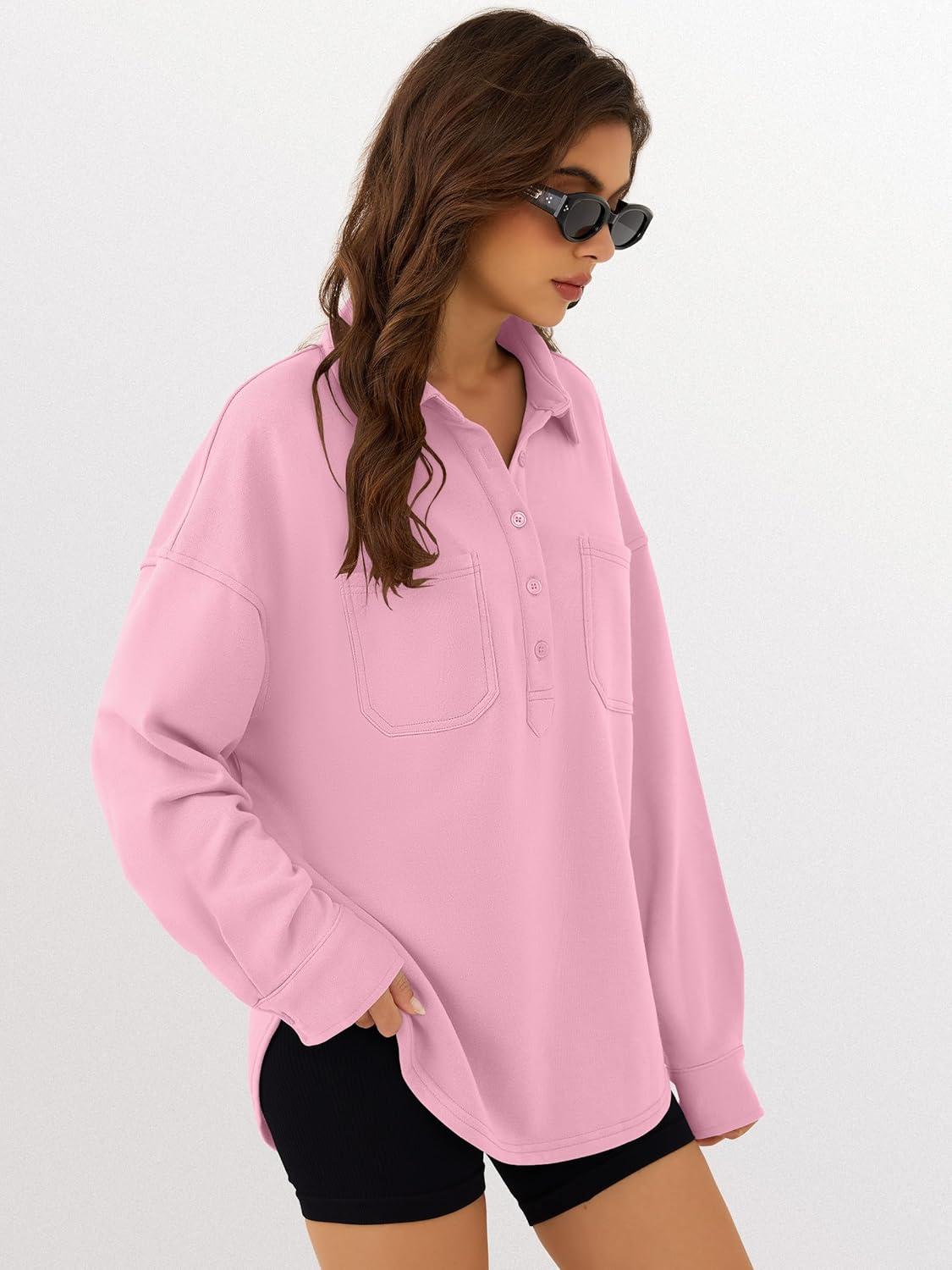imageANRABESS Sweatshirt for Women Oversized Casual Long Sleeve Side Slit Button Lapel Polo Pullover Tunic Tops 2025 Fall OutfitsPink