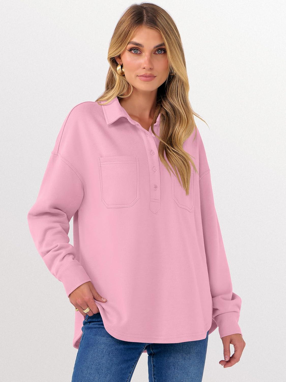 imageANRABESS Sweatshirt for Women Oversized Casual Long Sleeve Side Slit Button Lapel Polo Pullover Tunic Tops 2025 Fall OutfitsPink