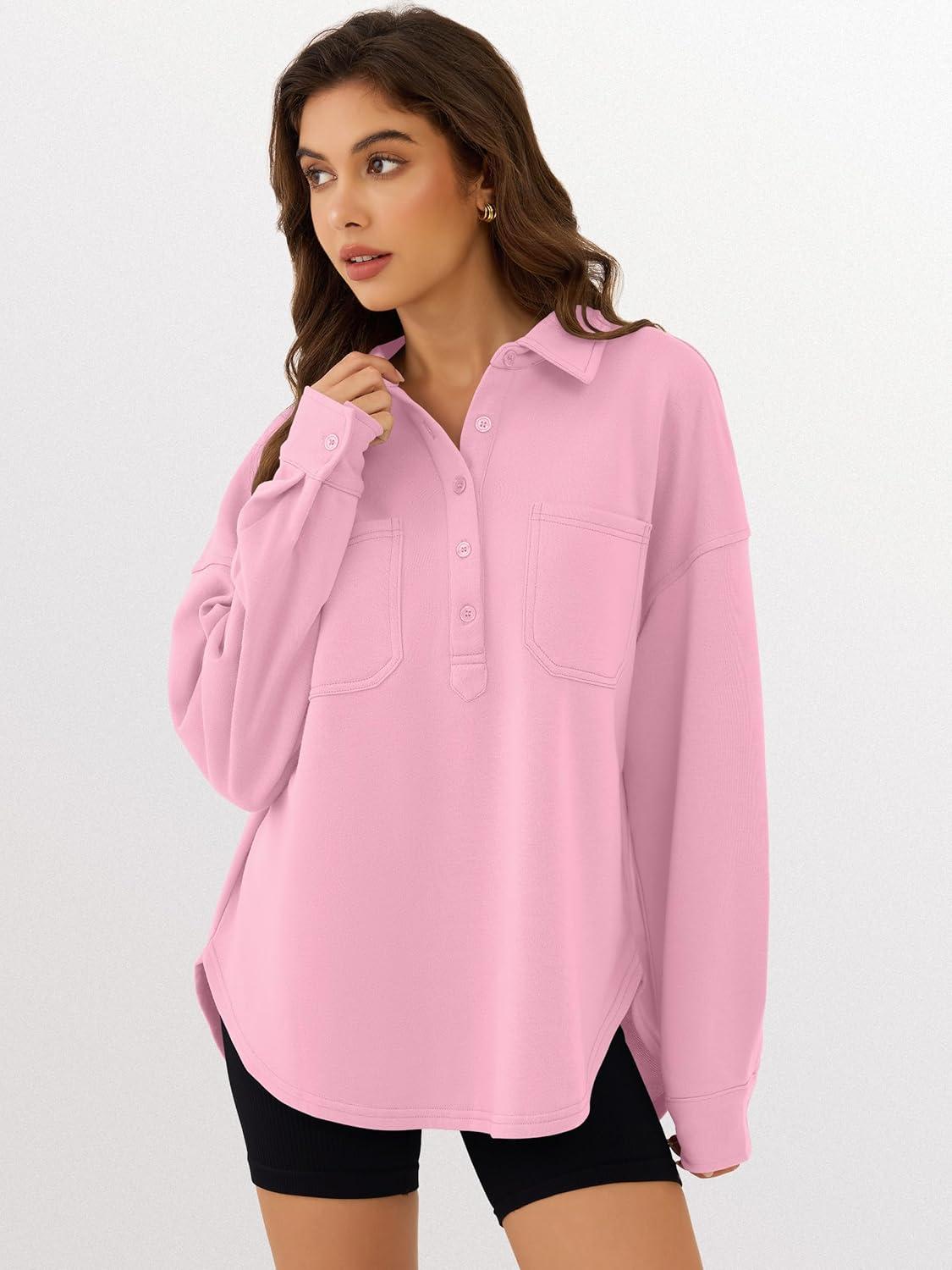 imageANRABESS Sweatshirt for Women Oversized Casual Long Sleeve Side Slit Button Lapel Polo Pullover Tunic Tops 2025 Fall OutfitsPink