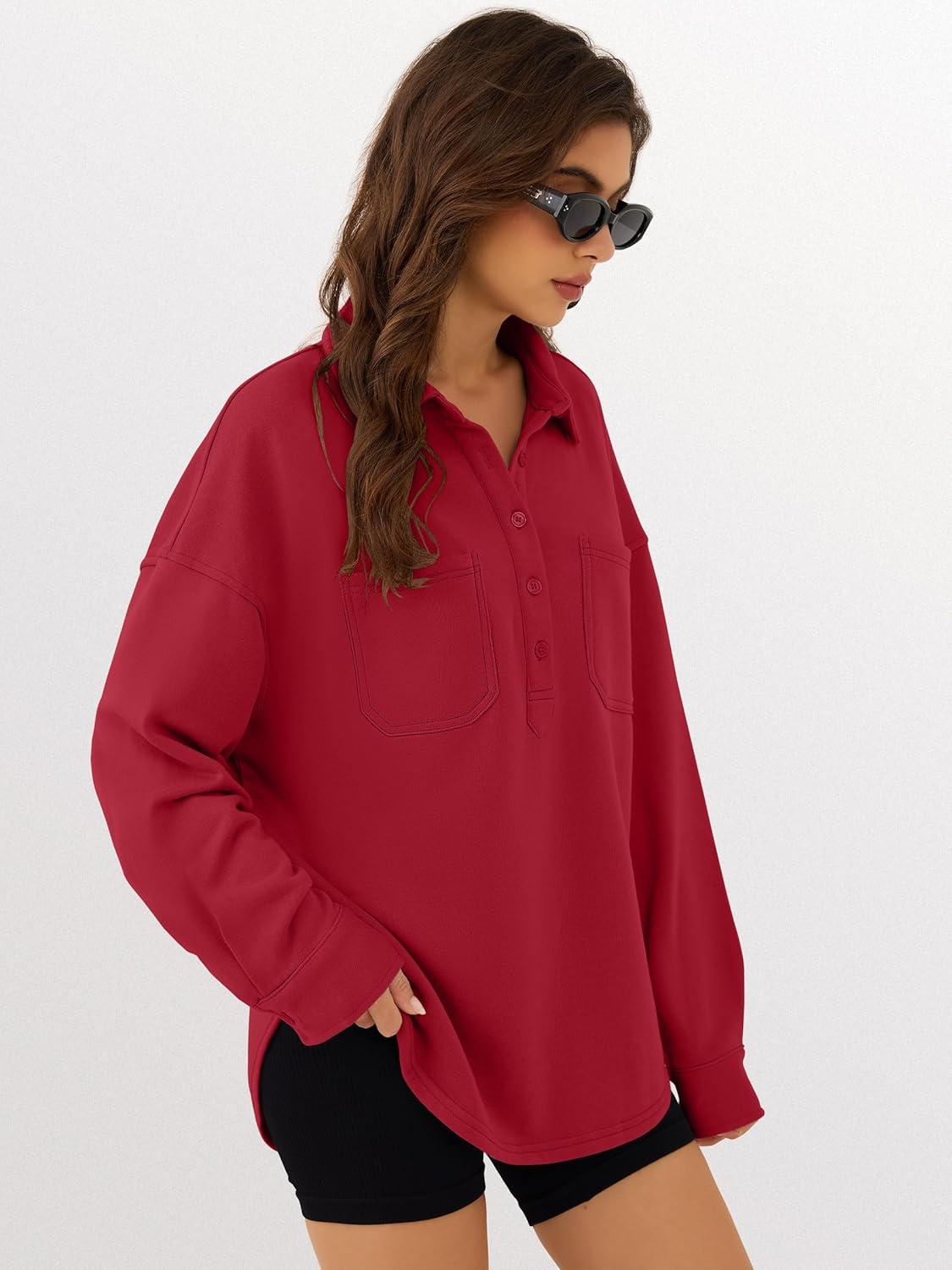 imageANRABESS Sweatshirt for Women Oversized Casual Long Sleeve Side Slit Button Lapel Polo Pullover Tunic Tops 2025 Fall OutfitsRed