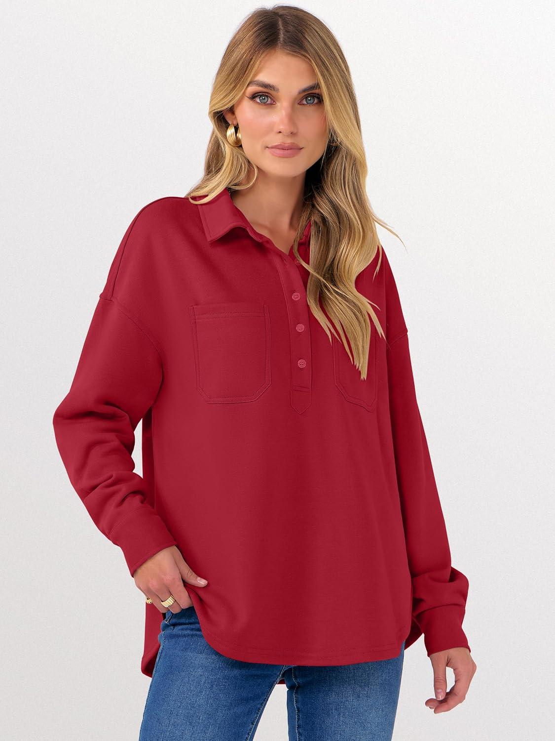 imageANRABESS Sweatshirt for Women Oversized Casual Long Sleeve Side Slit Button Lapel Polo Pullover Tunic Tops 2025 Fall OutfitsRed