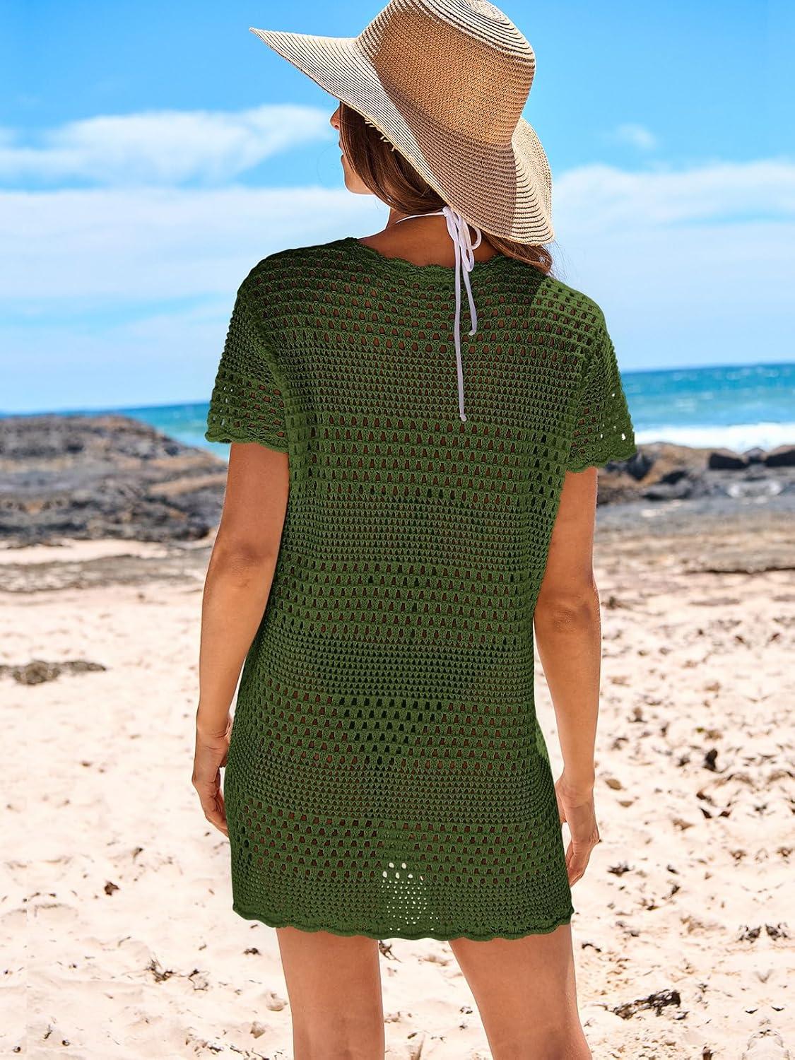 imageANRABESS Swimsuit Cover Up for Women 2025 Crochet Bathing Suit Swimwear Mesh Knit Beach Dress Summer Vacation Outfit ClothesArmy Green