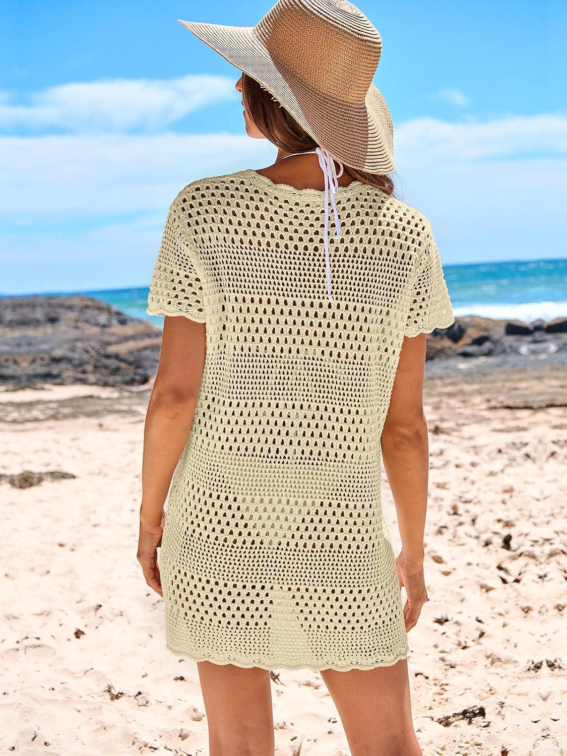 imageANRABESS Swimsuit Cover Up for Women 2025 Crochet Bathing Suit Swimwear Mesh Knit Beach Dress Summer Vacation Outfit ClothesBeige