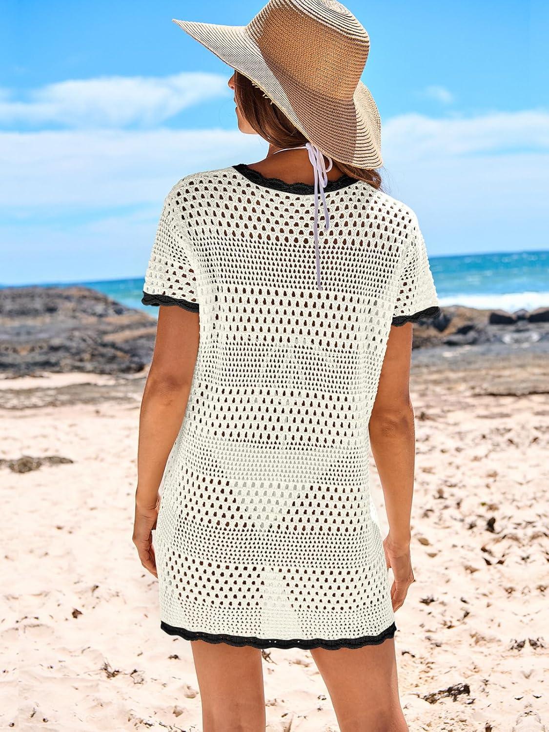 imageANRABESS Swimsuit Cover Up for Women 2025 Crochet Bathing Suit Swimwear Mesh Knit Beach Dress Summer Vacation Outfit ClothesBlack and White