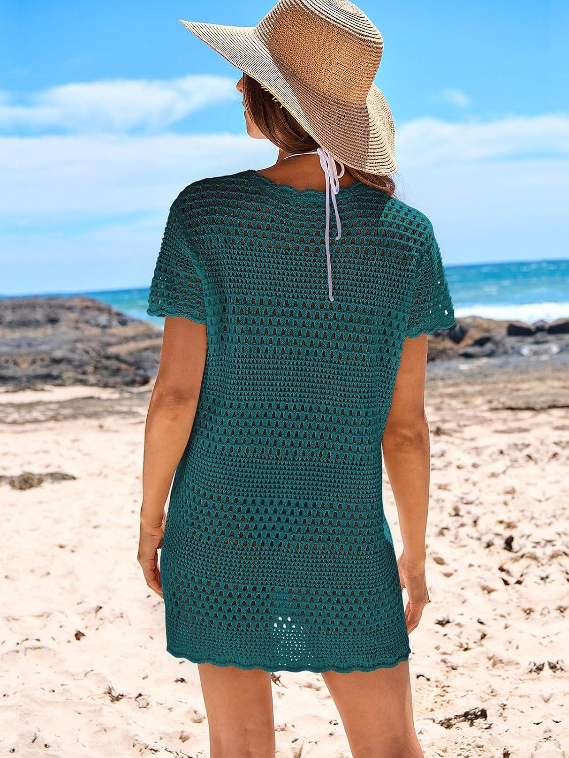 imageANRABESS Swimsuit Cover Up for Women 2025 Crochet Bathing Suit Swimwear Mesh Knit Beach Dress Summer Vacation Outfit ClothesCyan