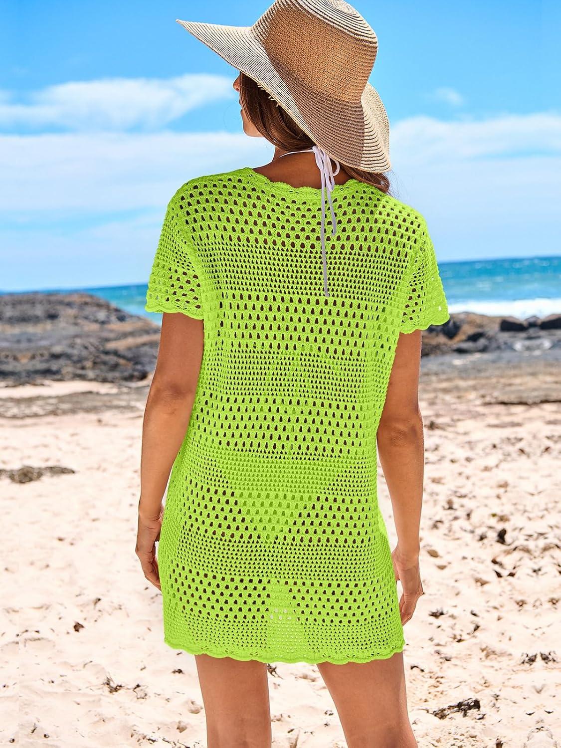 imageANRABESS Swimsuit Cover Up for Women 2025 Crochet Bathing Suit Swimwear Mesh Knit Beach Dress Summer Vacation Outfit ClothesGreen