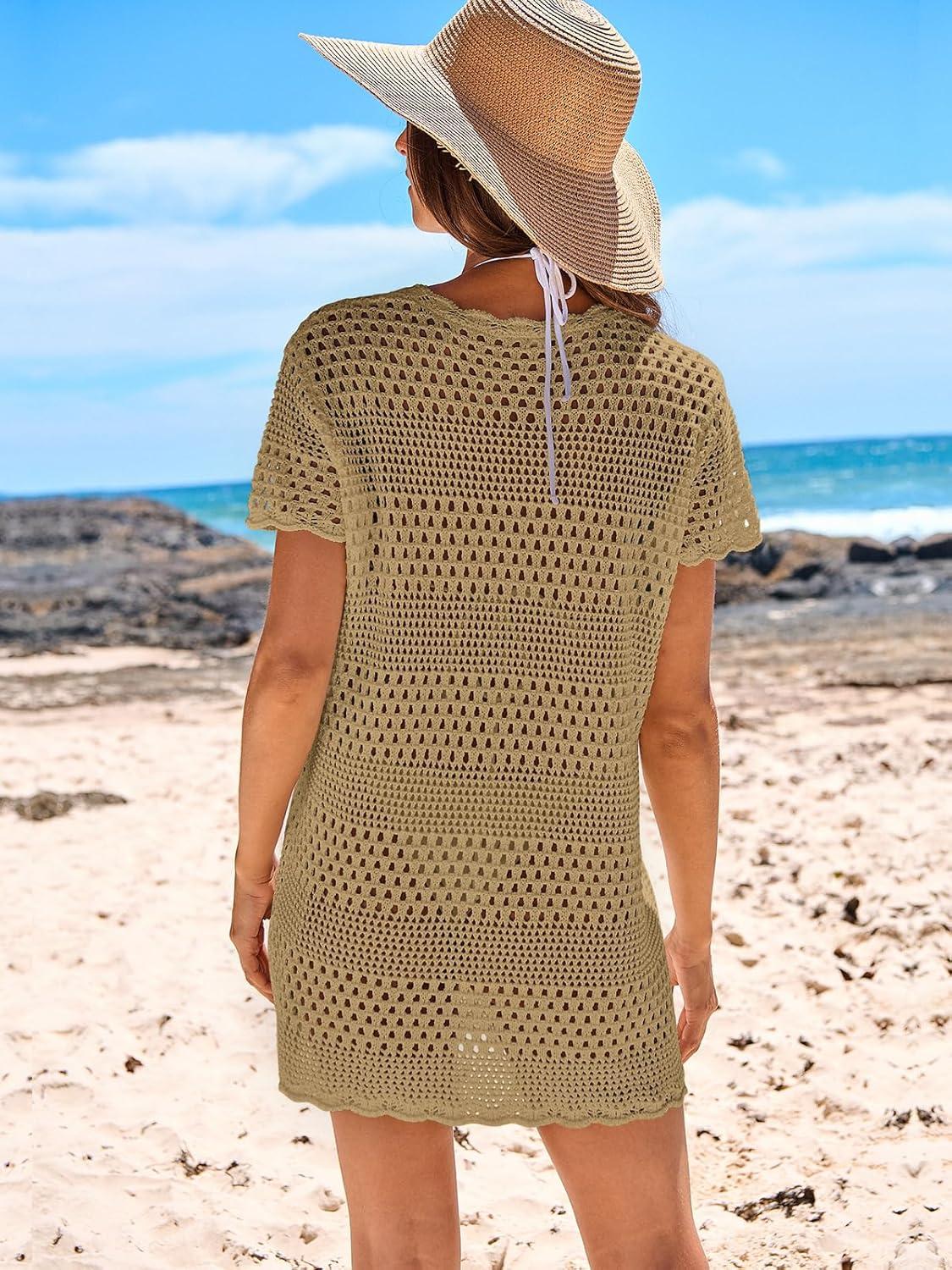 imageANRABESS Swimsuit Cover Up for Women 2025 Crochet Bathing Suit Swimwear Mesh Knit Beach Dress Summer Vacation Outfit ClothesKhaki