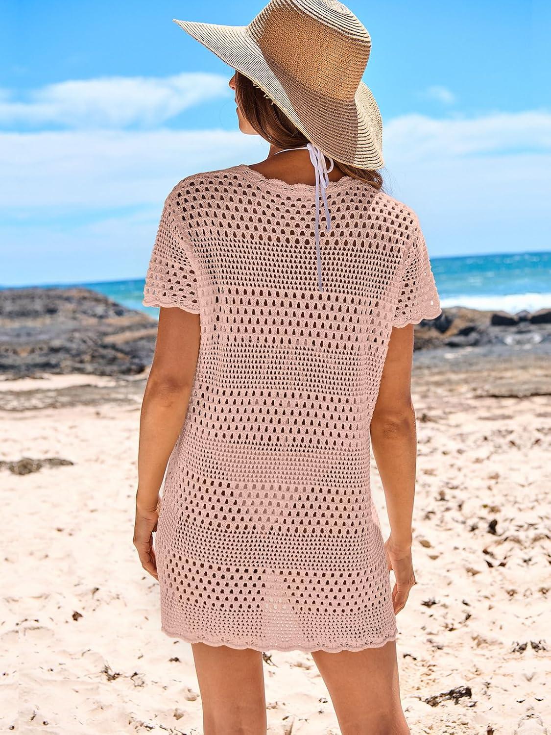 imageANRABESS Swimsuit Cover Up for Women 2025 Crochet Bathing Suit Swimwear Mesh Knit Beach Dress Summer Vacation Outfit ClothesLight Pink