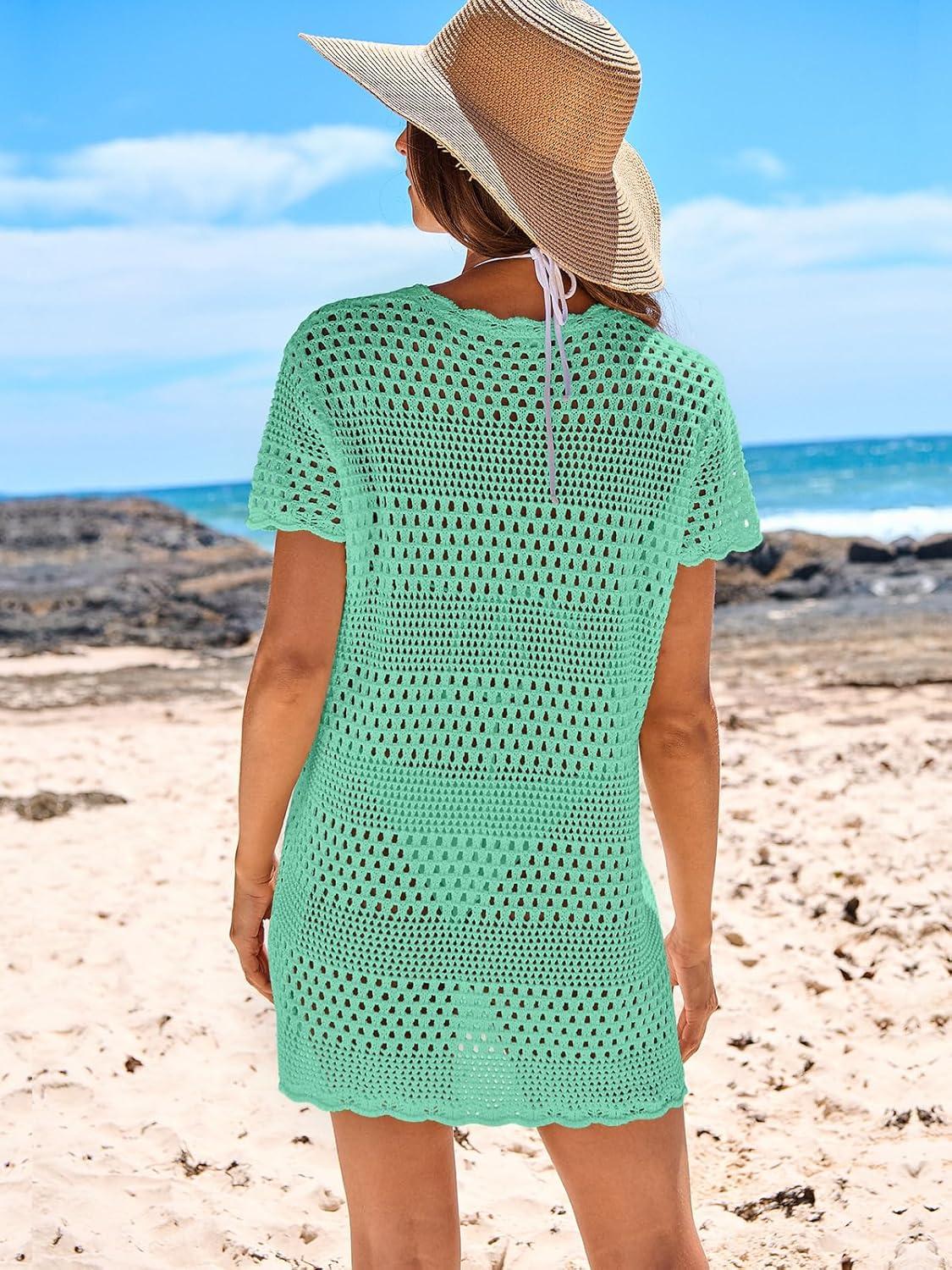 imageANRABESS Swimsuit Cover Up for Women 2025 Crochet Bathing Suit Swimwear Mesh Knit Beach Dress Summer Vacation Outfit ClothesMint