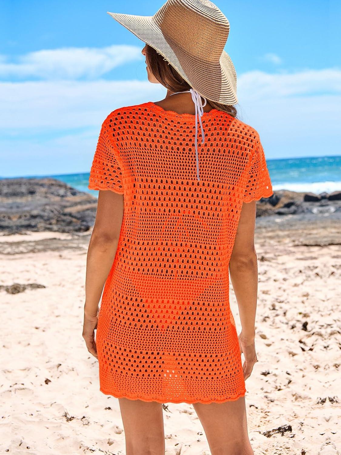 imageANRABESS Swimsuit Cover Up for Women 2025 Crochet Bathing Suit Swimwear Mesh Knit Beach Dress Summer Vacation Outfit ClothesOrange