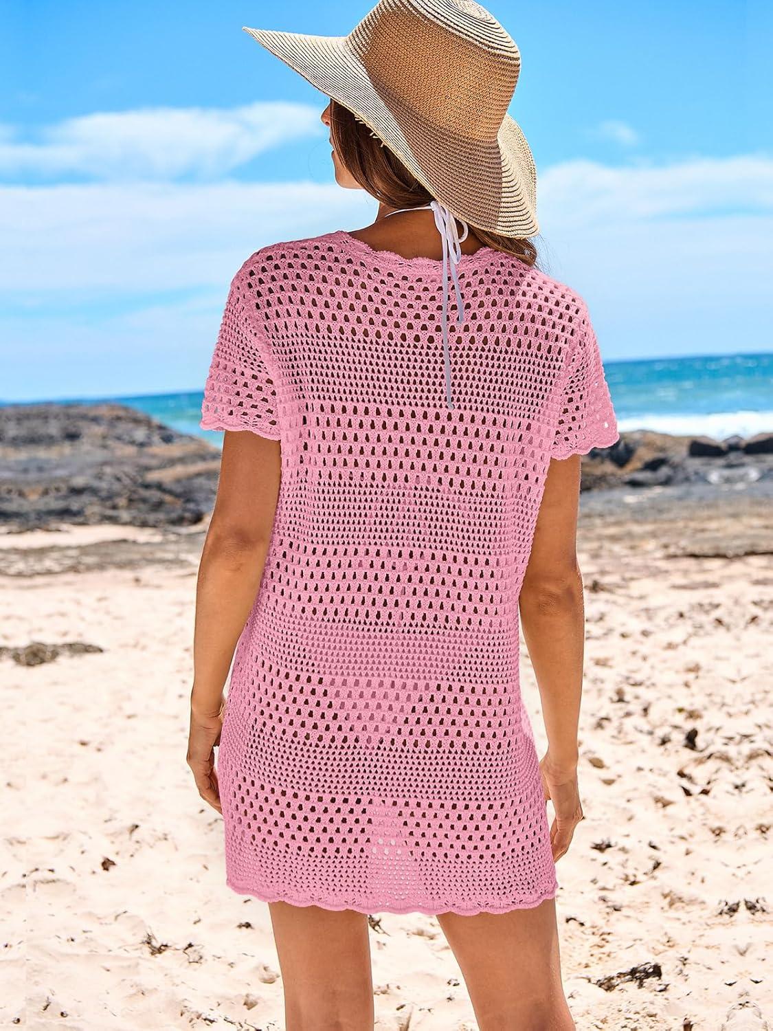 imageANRABESS Swimsuit Cover Up for Women 2025 Crochet Bathing Suit Swimwear Mesh Knit Beach Dress Summer Vacation Outfit ClothesPink