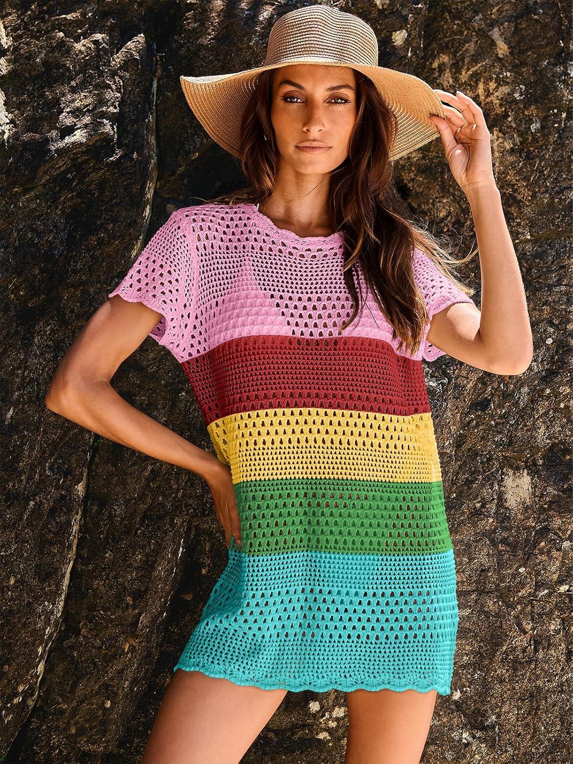 imageANRABESS Swimsuit Cover Up for Women 2025 Crochet Bathing Suit Swimwear Mesh Knit Beach Dress Summer Vacation Outfit ClothesStripe Rainbow