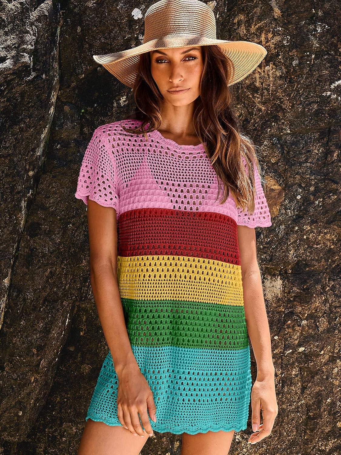 imageANRABESS Swimsuit Cover Up for Women 2025 Crochet Bathing Suit Swimwear Mesh Knit Beach Dress Summer Vacation Outfit ClothesStripe Rainbow