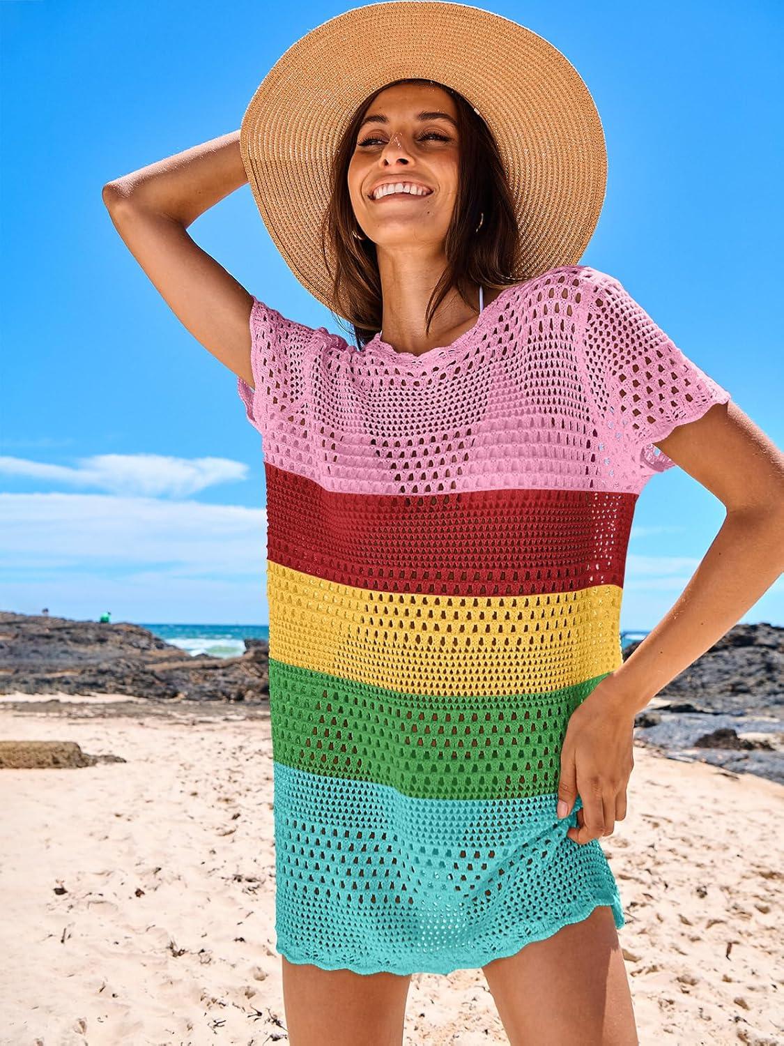imageANRABESS Swimsuit Cover Up for Women 2025 Crochet Bathing Suit Swimwear Mesh Knit Beach Dress Summer Vacation Outfit ClothesStripe Rainbow