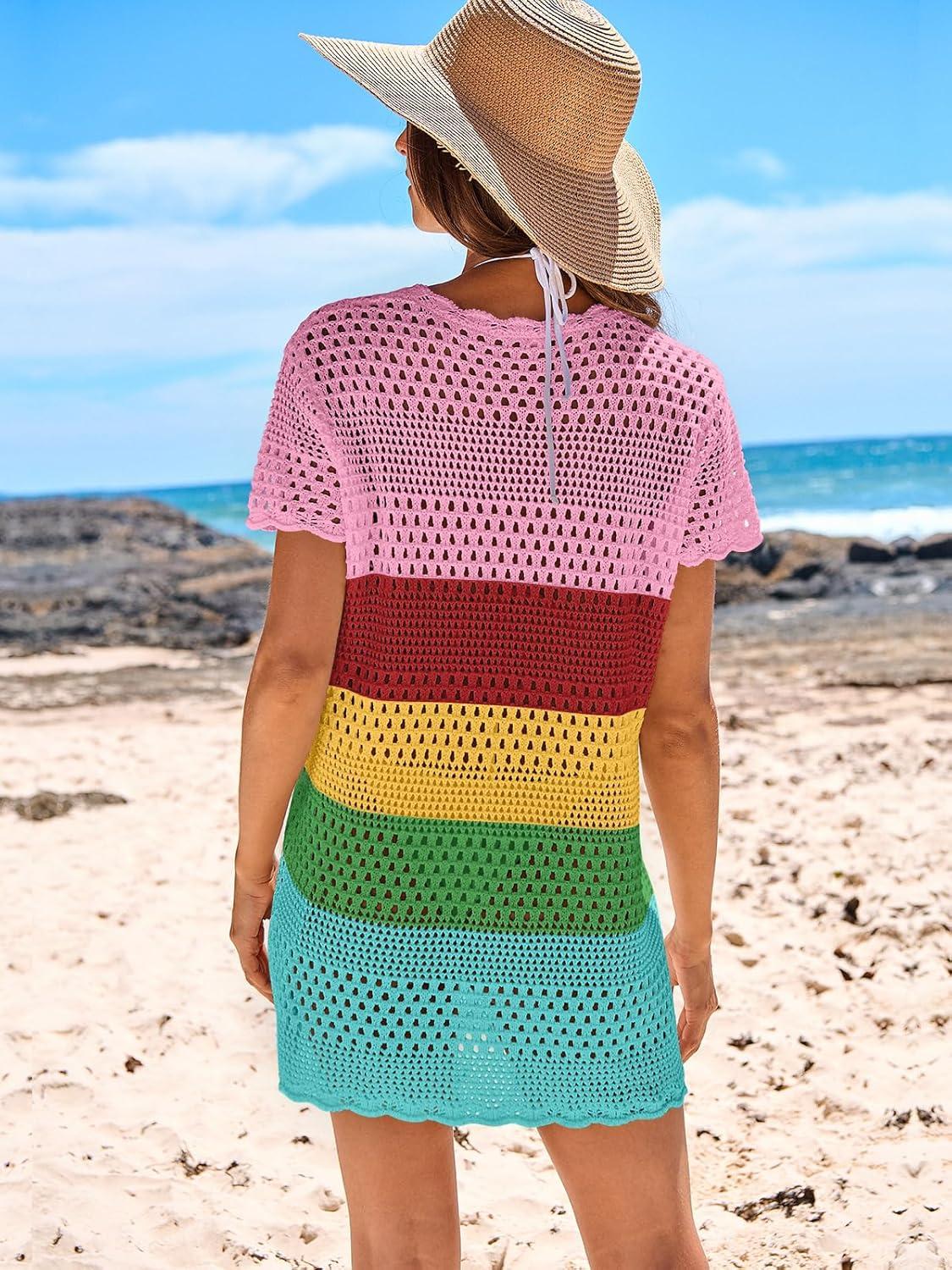 imageANRABESS Swimsuit Cover Up for Women 2025 Crochet Bathing Suit Swimwear Mesh Knit Beach Dress Summer Vacation Outfit ClothesStripe Rainbow