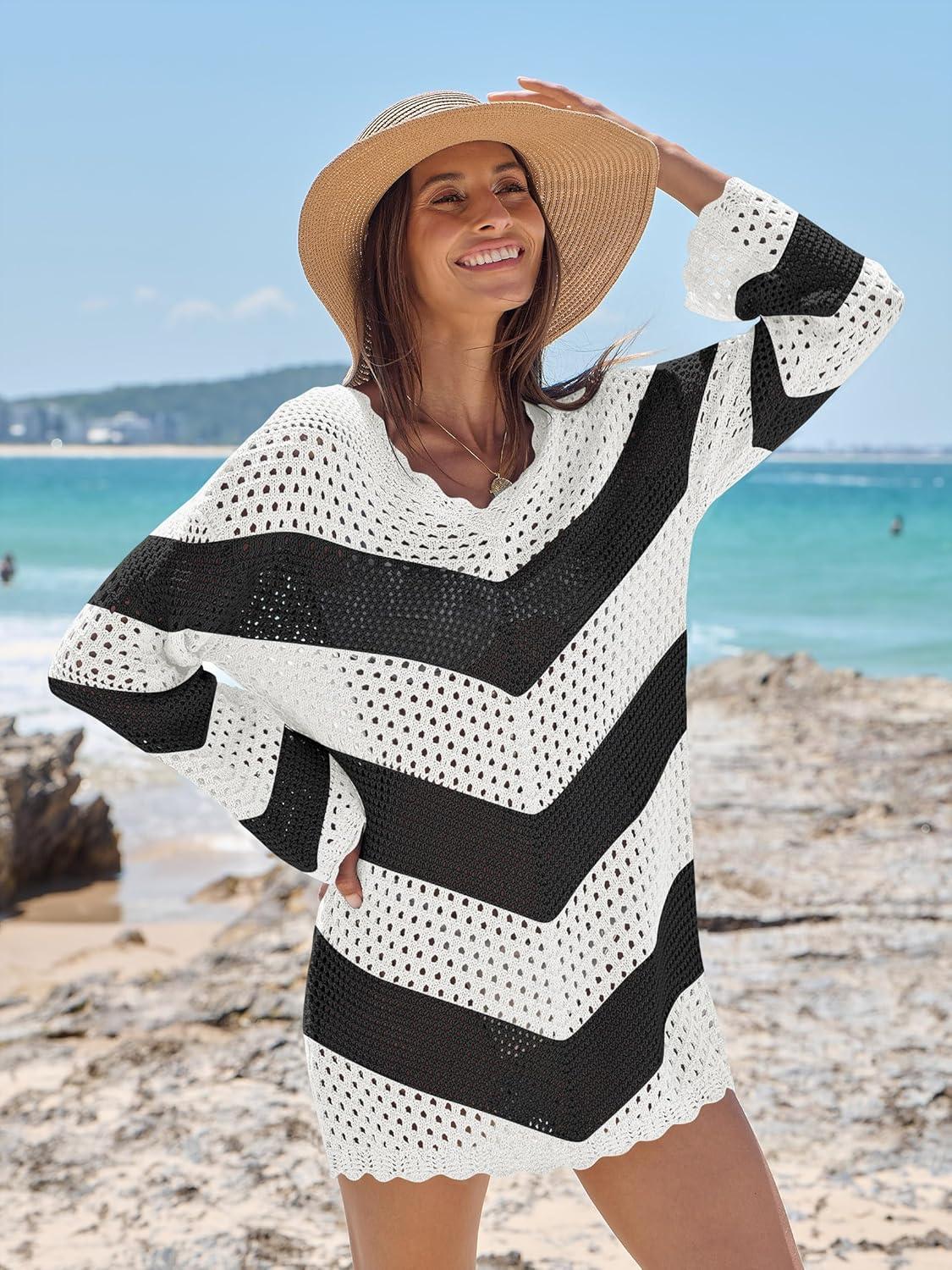 imageANRABESS Swimsuit Cover Up for Women Crochet Bathing Suit 2026 Summer Swimwear V Neck Mesh Knit Beach Dress Vacation OutfitsChevron Black White Stripes