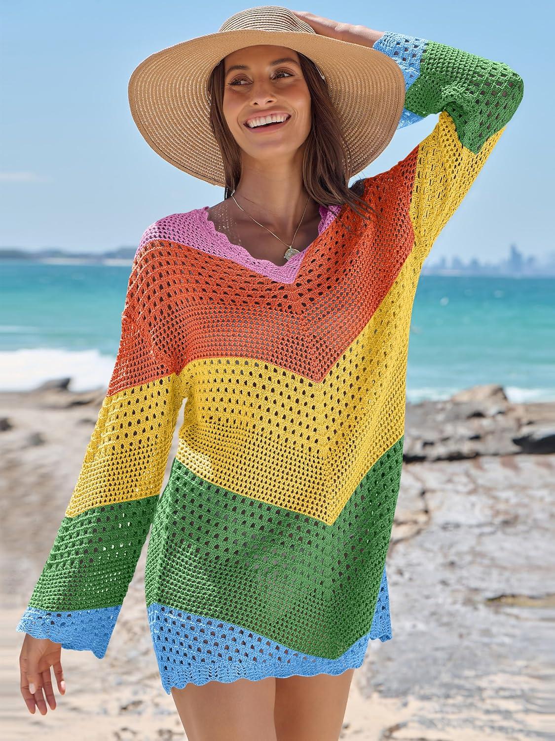 imageANRABESS Swimsuit Cover Up for Women Crochet Bathing Suit 2026 Summer Swimwear V Neck Mesh Knit Beach Dress Vacation OutfitsChevron Rainbow Stripes 2