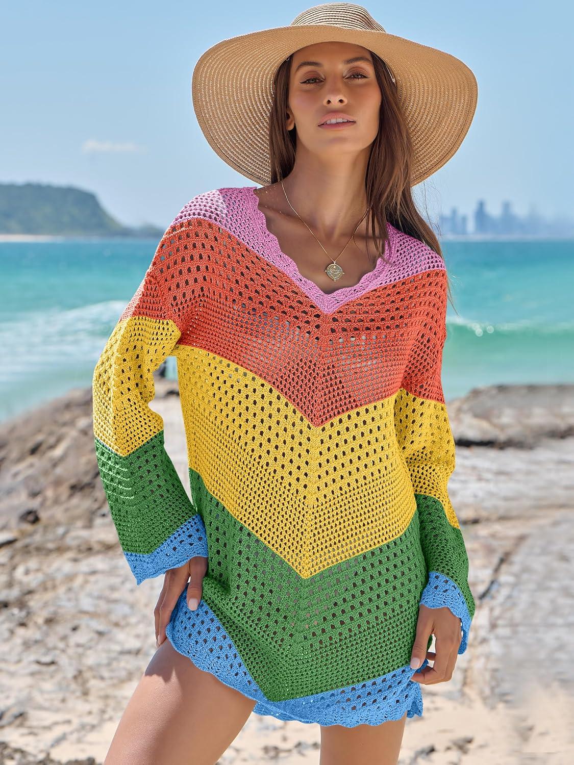 imageANRABESS Swimsuit Cover Up for Women Crochet Bathing Suit 2026 Summer Swimwear V Neck Mesh Knit Beach Dress Vacation OutfitsChevron Rainbow Stripes 2