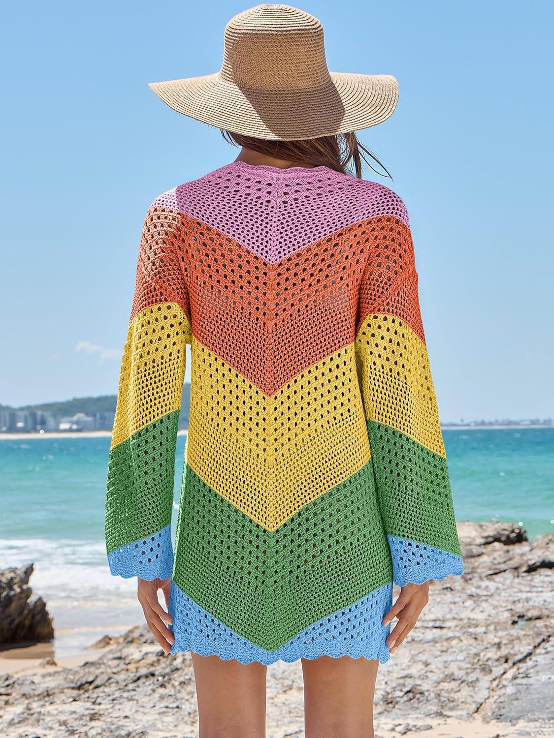 imageANRABESS Swimsuit Cover Up for Women Crochet Bathing Suit 2026 Summer Swimwear V Neck Mesh Knit Beach Dress Vacation OutfitsChevron Rainbow Stripes 2