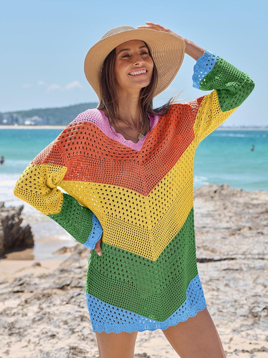 imageANRABESS Swimsuit Cover Up for Women Crochet Bathing Suit 2026 Summer Swimwear V Neck Mesh Knit Beach Dress Vacation OutfitsChevron Rainbow Stripes 2