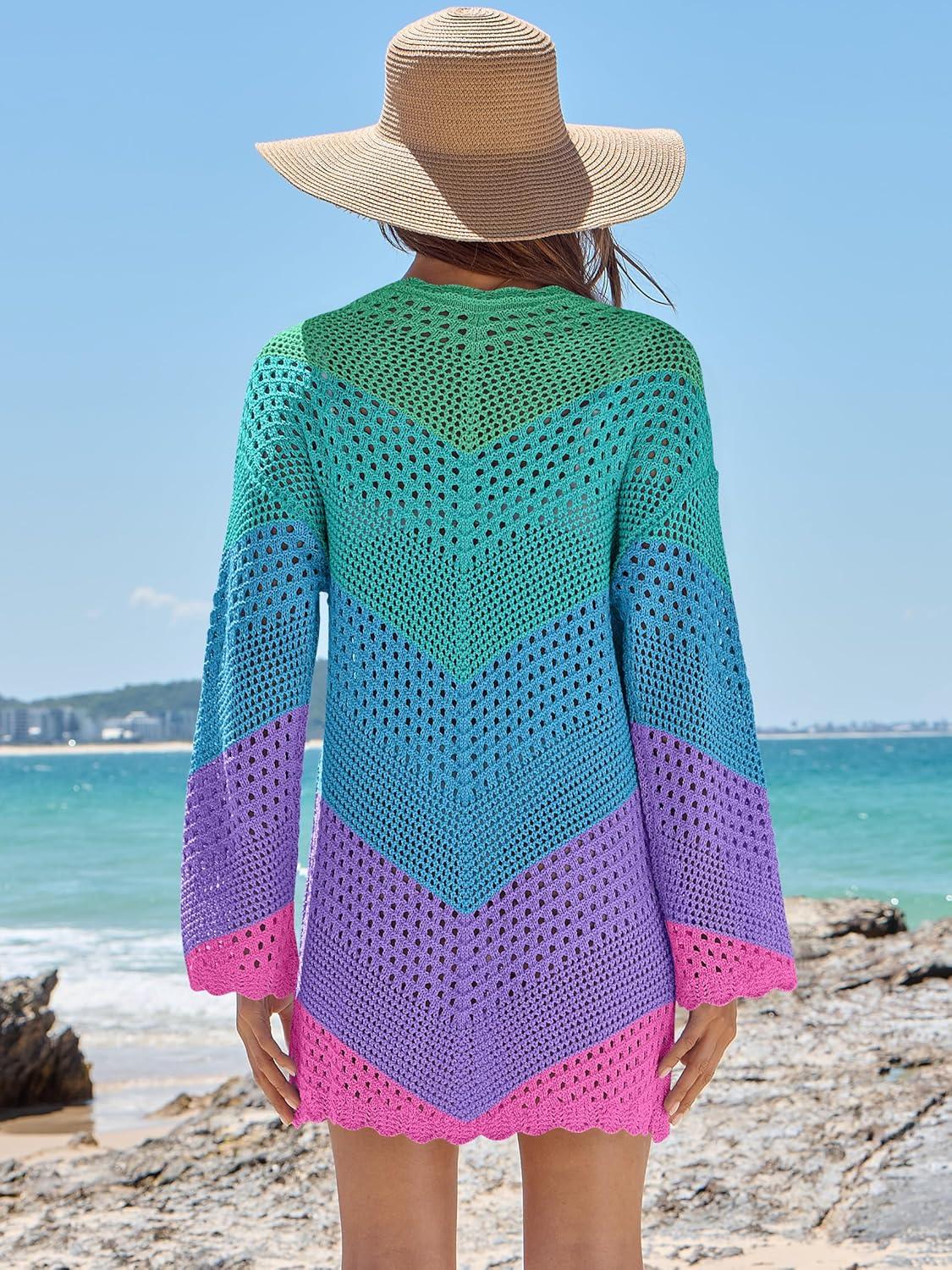 imageANRABESS Swimsuit Cover Up for Women Crochet Bathing Suit 2026 Summer Swimwear V Neck Mesh Knit Beach Dress Vacation OutfitsChevron Rainbow Stripes