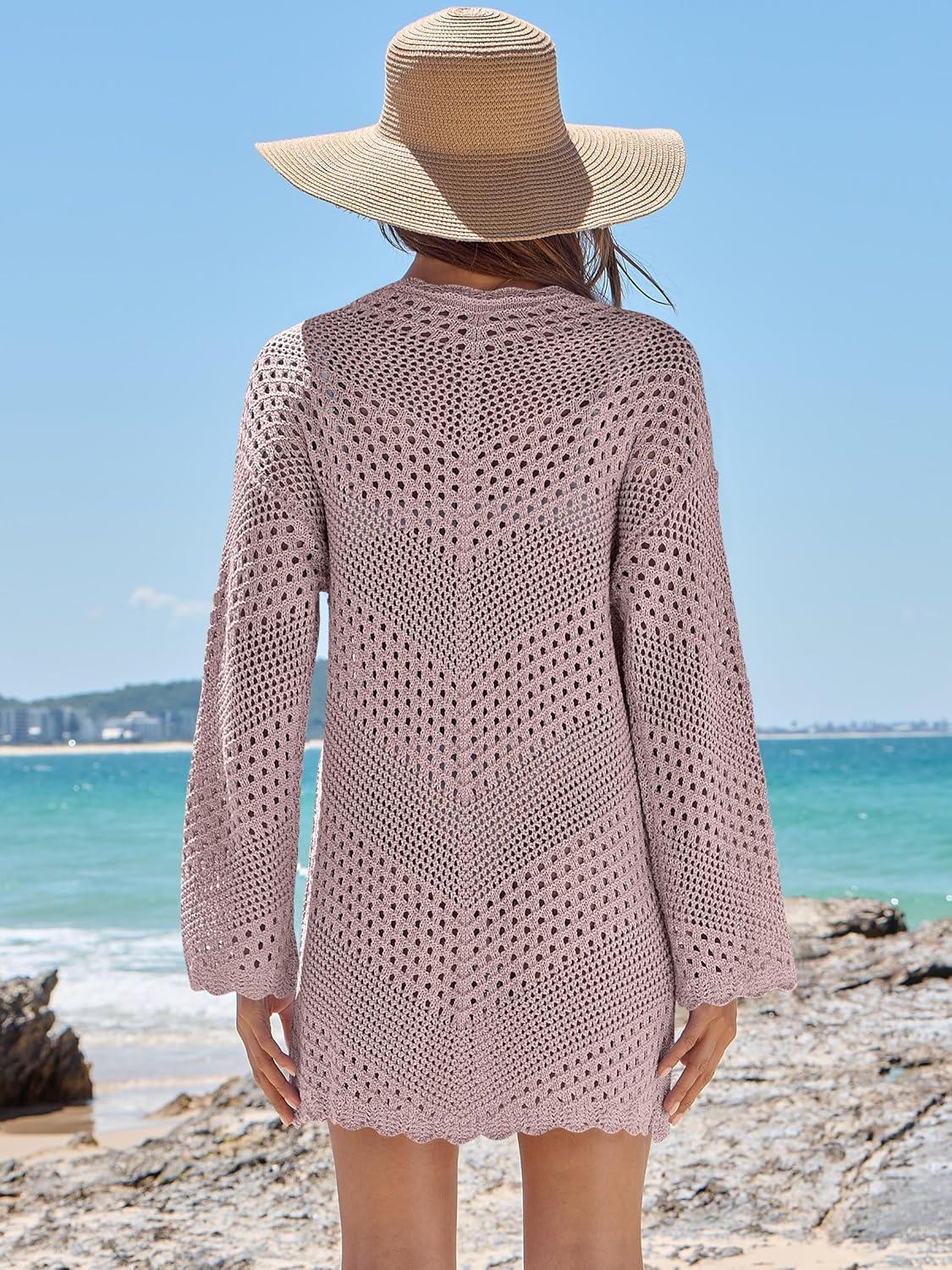 imageANRABESS Swimsuit Cover Up for Women Crochet Bathing Suit 2026 Summer Swimwear V Neck Mesh Knit Beach Dress Vacation OutfitsPink