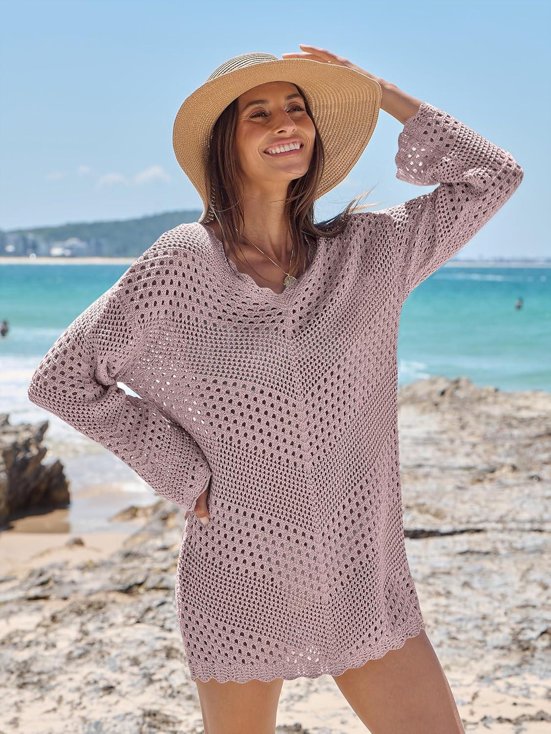 imageANRABESS Swimsuit Cover Up for Women Crochet Bathing Suit 2026 Summer Swimwear V Neck Mesh Knit Beach Dress Vacation OutfitsPink