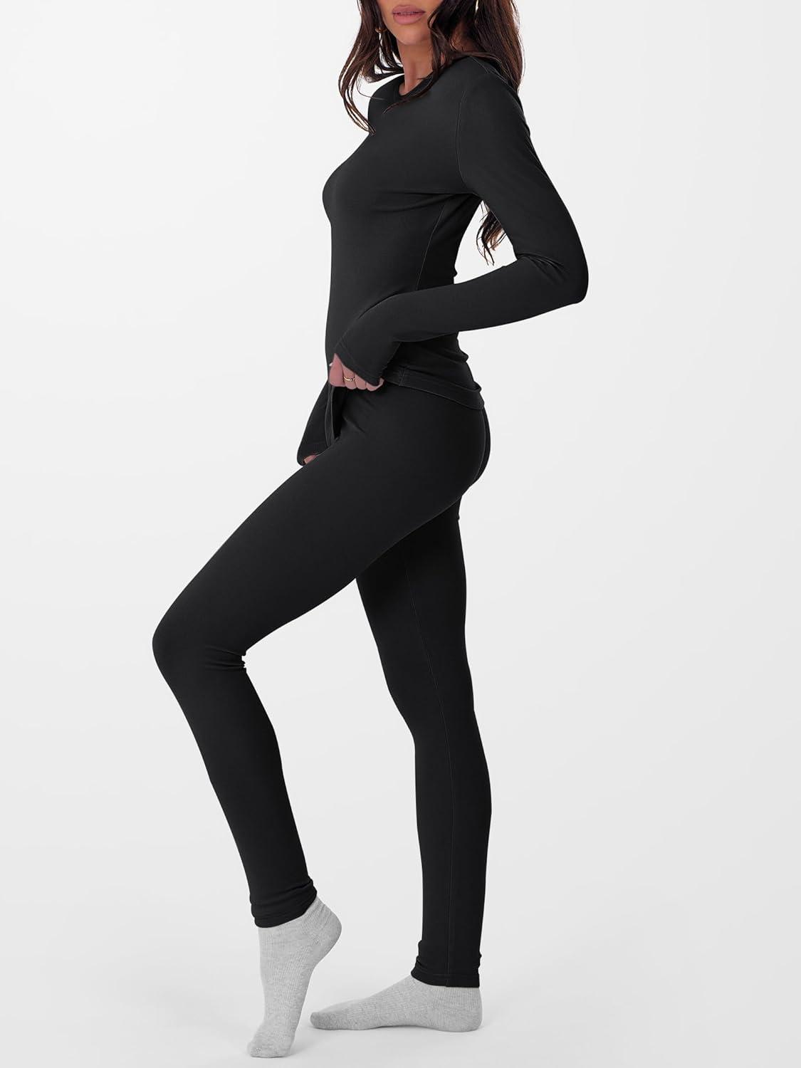 imageANRABESS Thermal Underwear for Women Long Johns Fleece Lined Base Layer Pajama Set Cold Weather Top Bottom Winter ClothingBlack