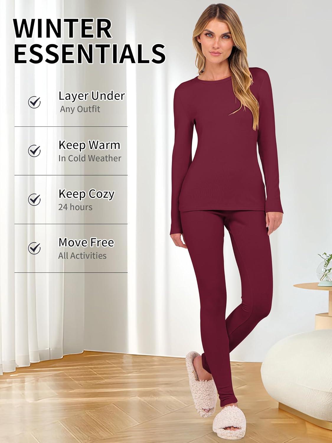 imageANRABESS Thermal Underwear for Women Long Johns Fleece Lined Base Layer Pajama Set Cold Weather Top Bottom Winter ClothingDark Red