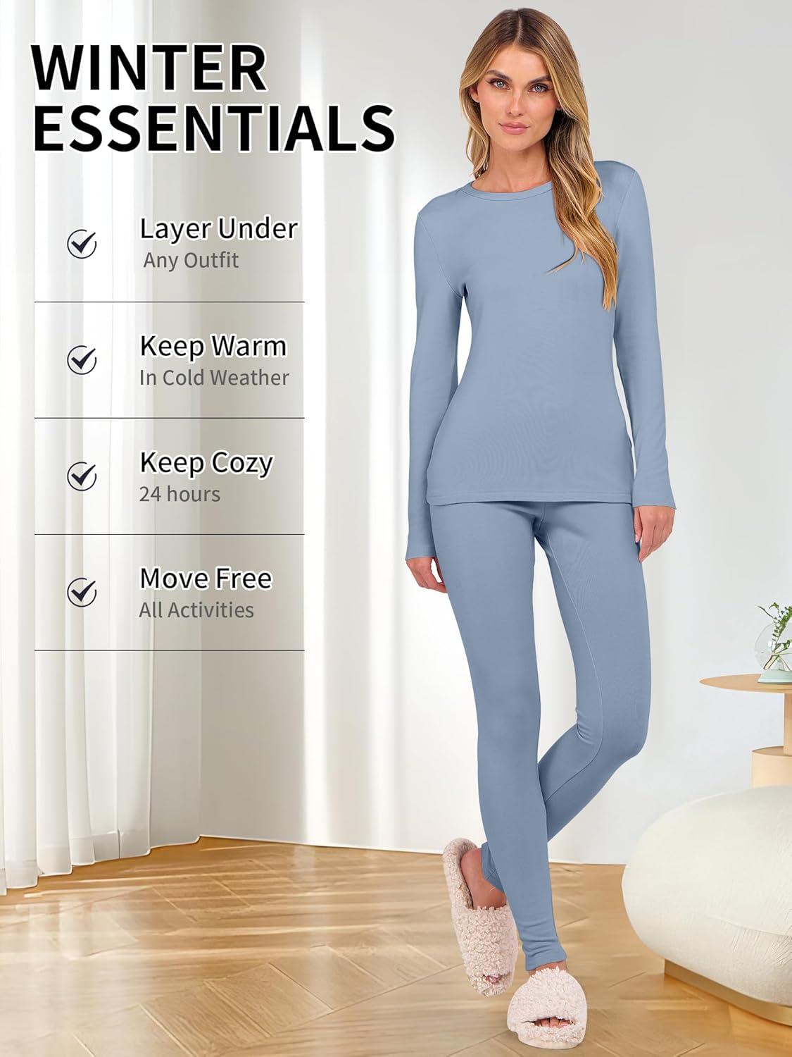 imageANRABESS Thermal Underwear for Women Long Johns Fleece Lined Base Layer Pajama Set Cold Weather Top Bottom Winter ClothingDusty Blue